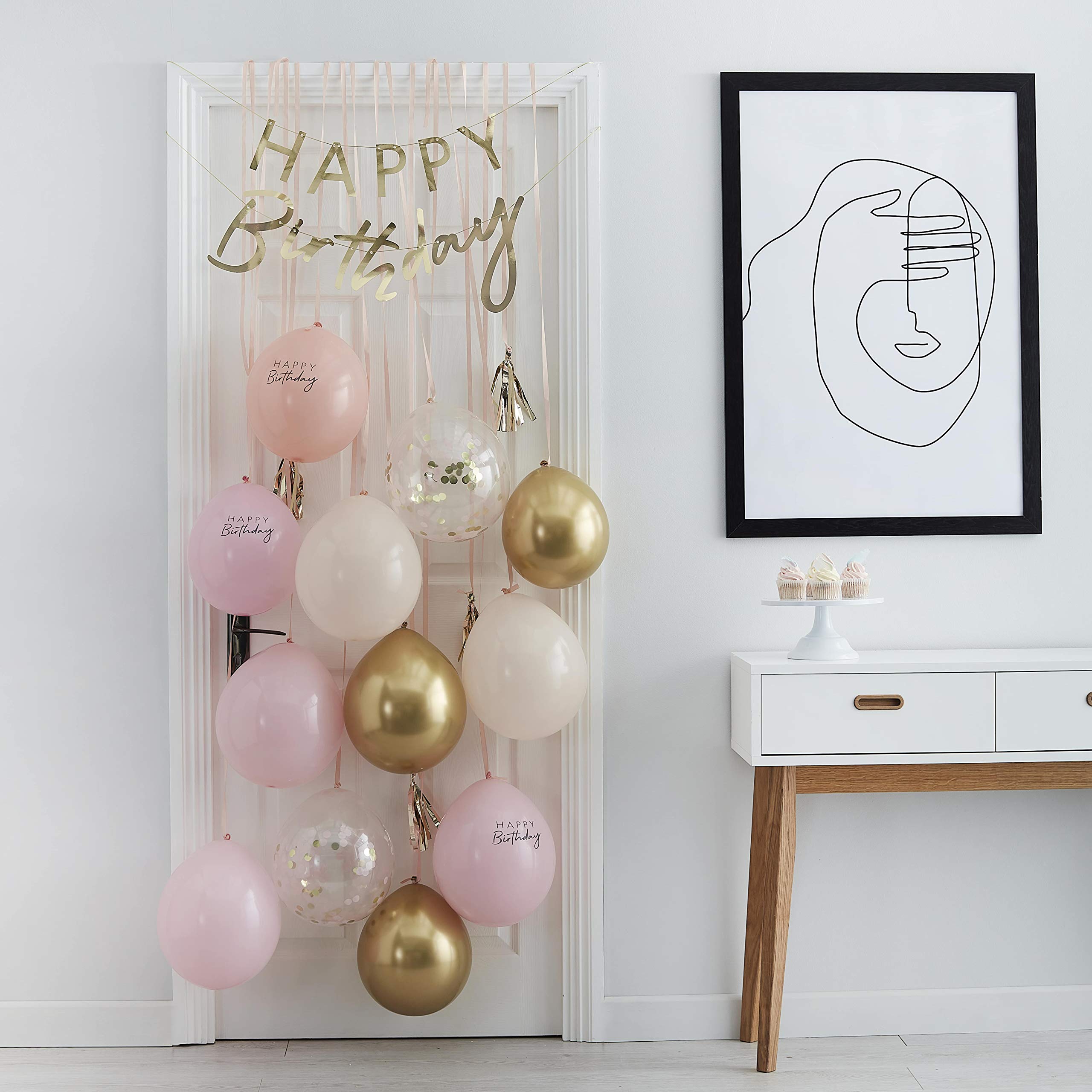 Ginger Ray Pastel Pink and Gold Foil Happy Birthday Balloon, Streamer and Bunting Door Celebration Kit Decoration