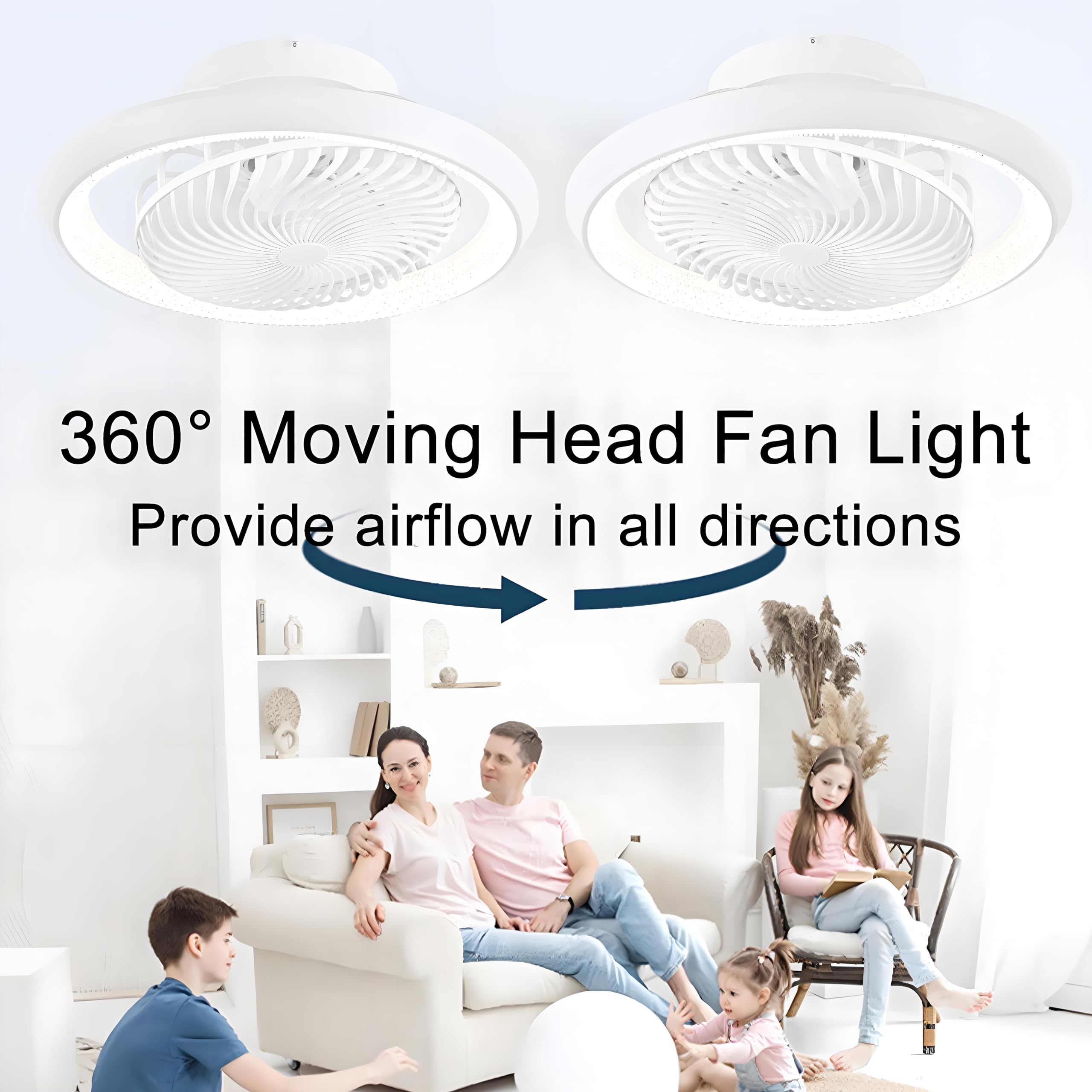 Ventilatore da Soffitto con Luce e Telecomando, Silenzioso Lampadario Ventilatore da Soffitto, 75W Dimmerabile Plafoniera con Ventilatore, Rotazione a 360°, Reversibile, 6 Velocità, Bianco