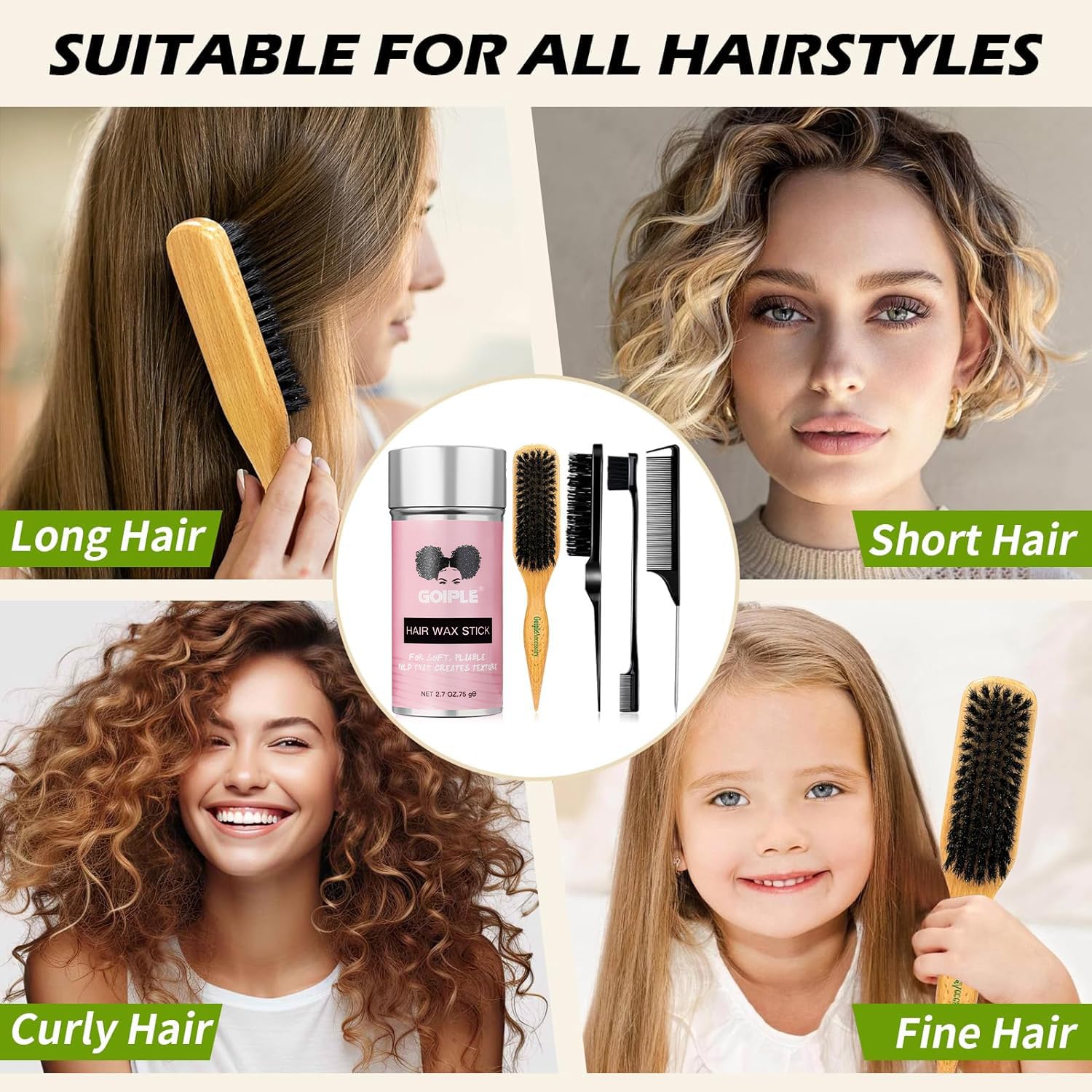 Set di spazzole per capelli lisci con setole di cinghiale, bastoncini per cera per capelli, per lisciare i capelli e l'effetto crespo, accessori per chignon per donne, ragazze adolescenti