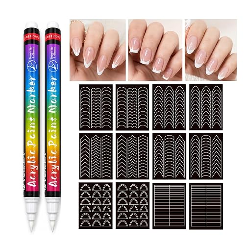 French Manicure Kit, 2 White Nail Art Pens & 12