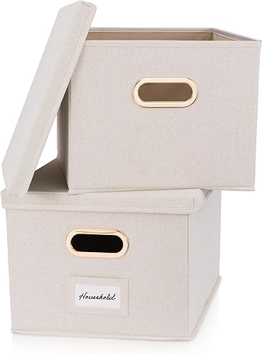 ZICOTO Caja organizadora decorativa de archivos, juego de 2 archivadores plegables de lino con asas, perfectos para almacenar todos tus documentos y
