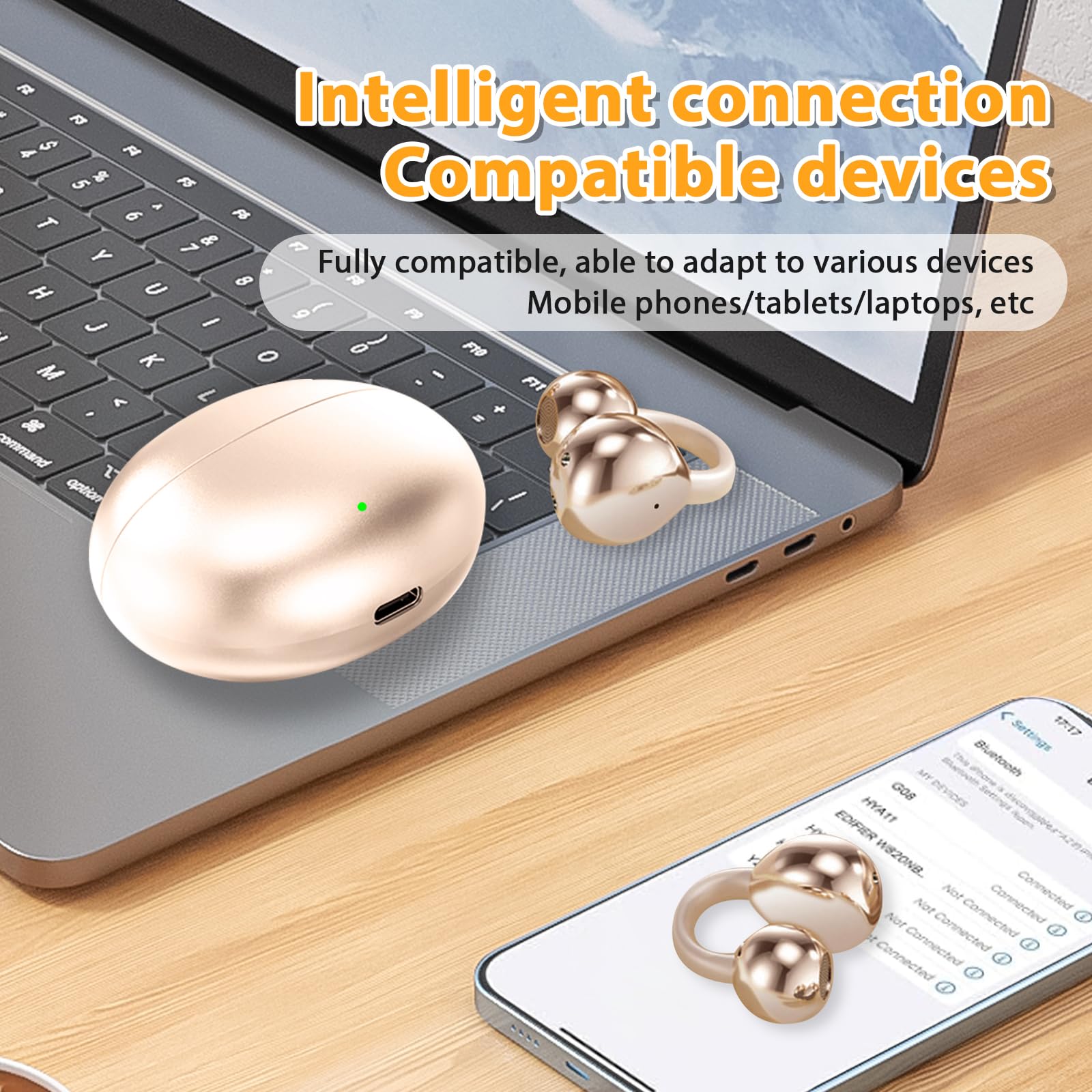 PTHTECHUS Cuffie Conduzione Ossea, Cuffia Aperte Auricolari a Clip Auricolari Bluetooth Sport Clip Aperta Cuffie In-Ear Wireless, Compatibile iOS/Android, 60 ore di Riproduzione, M91 (Oro)