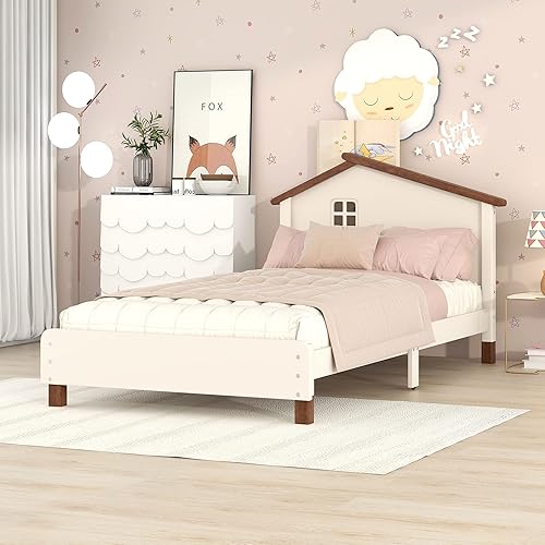 Base de cama individual con cabecero en forma de casa cama moderna de panel de tamaño individual para niños niñas adolescentes dormitorio soporte de
