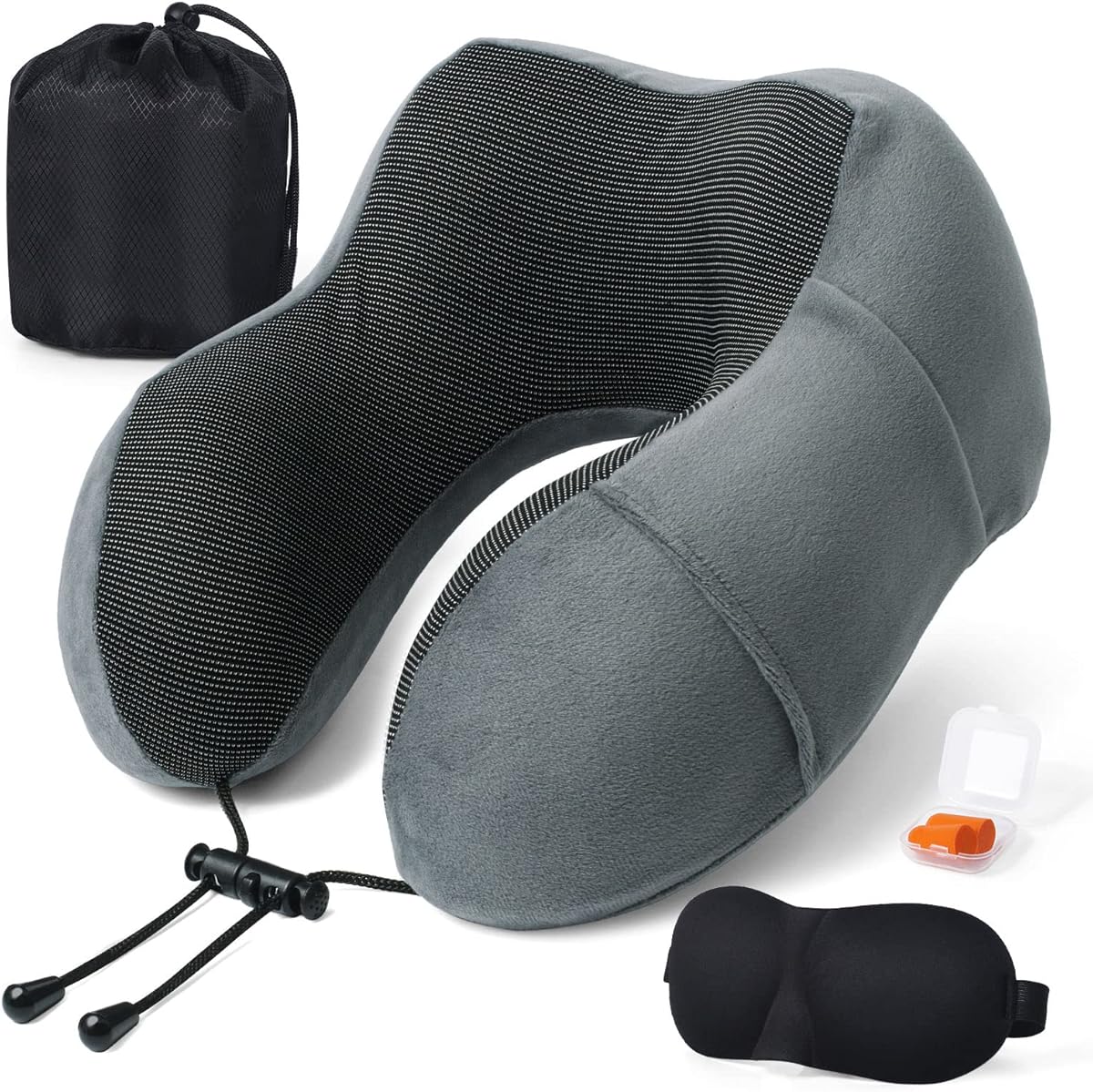 Travel Neck Pillow, Neck Pillow for Office Airplane Train Car Traveling, Memory Foam Neck Pillow, Travel Neck Cushion with Eye Mask, Plugs and Bag