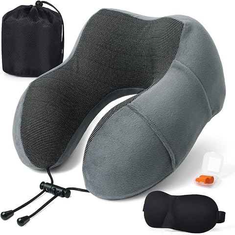 Almohada de Viaje para Cuello, Almohada Cervical para Oficina Avión Tren Coche Viajando, Almohada Cuello Viscoelastica de Espuma Memoria, Cojin de Viaje Cuello con Máscara de Ojos, Tapones y Bolsa