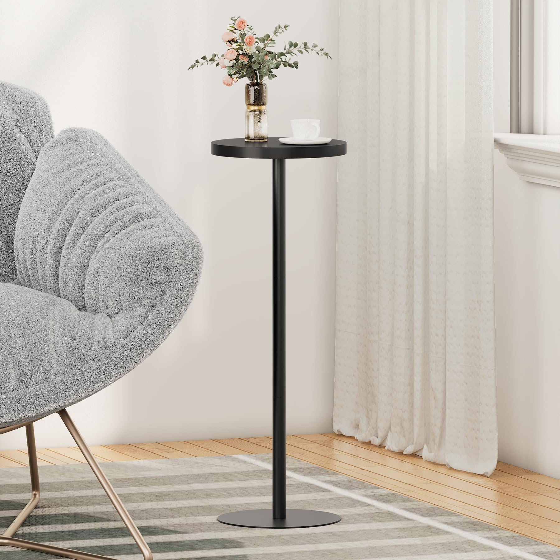 TUTOTAK TB01BK065 Tall Round Side Table, Small End Table, Drink Table, Pedestal Side Table, Living Room, Black
