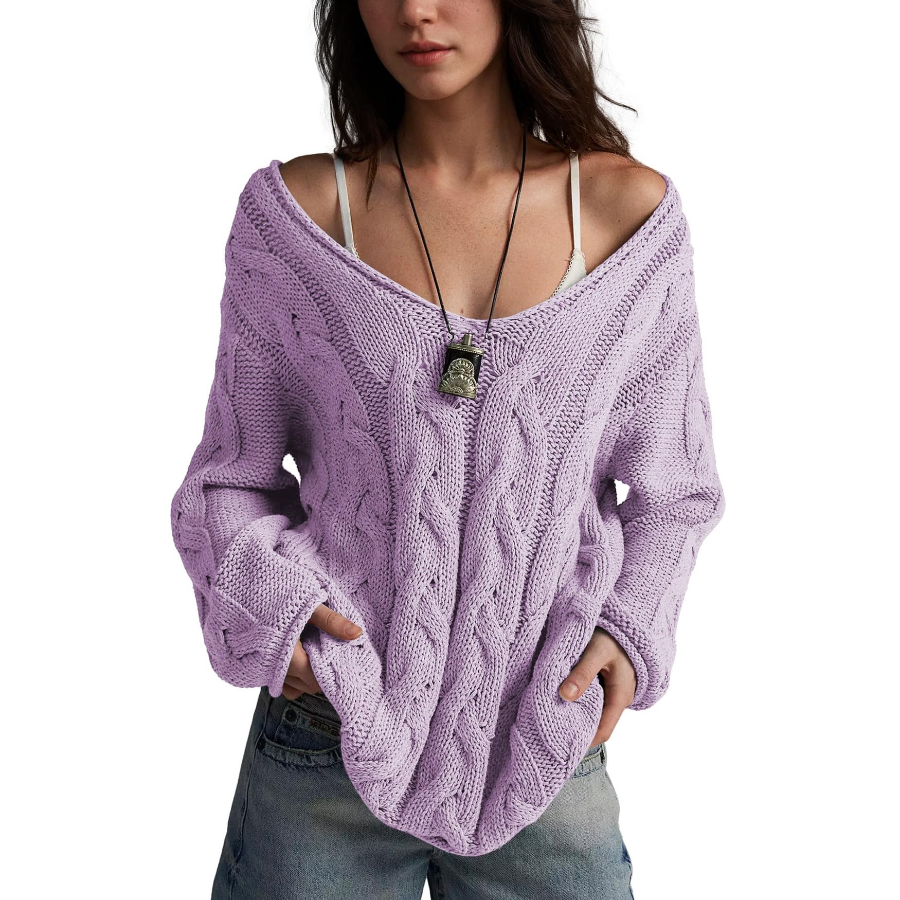 Womens Oversized Off The Shoulder Sweaters Chunky Knit Wide V-Neck Tops Casual Slouchy Pullover Fall Outfits