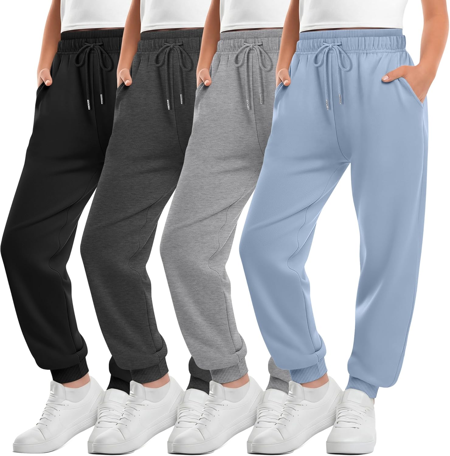 4 Pack Girls Joggers Lounge Sweatpants Drawstring Baggy Lightweight Kids Double Waisted Athletic Pants with Pockets