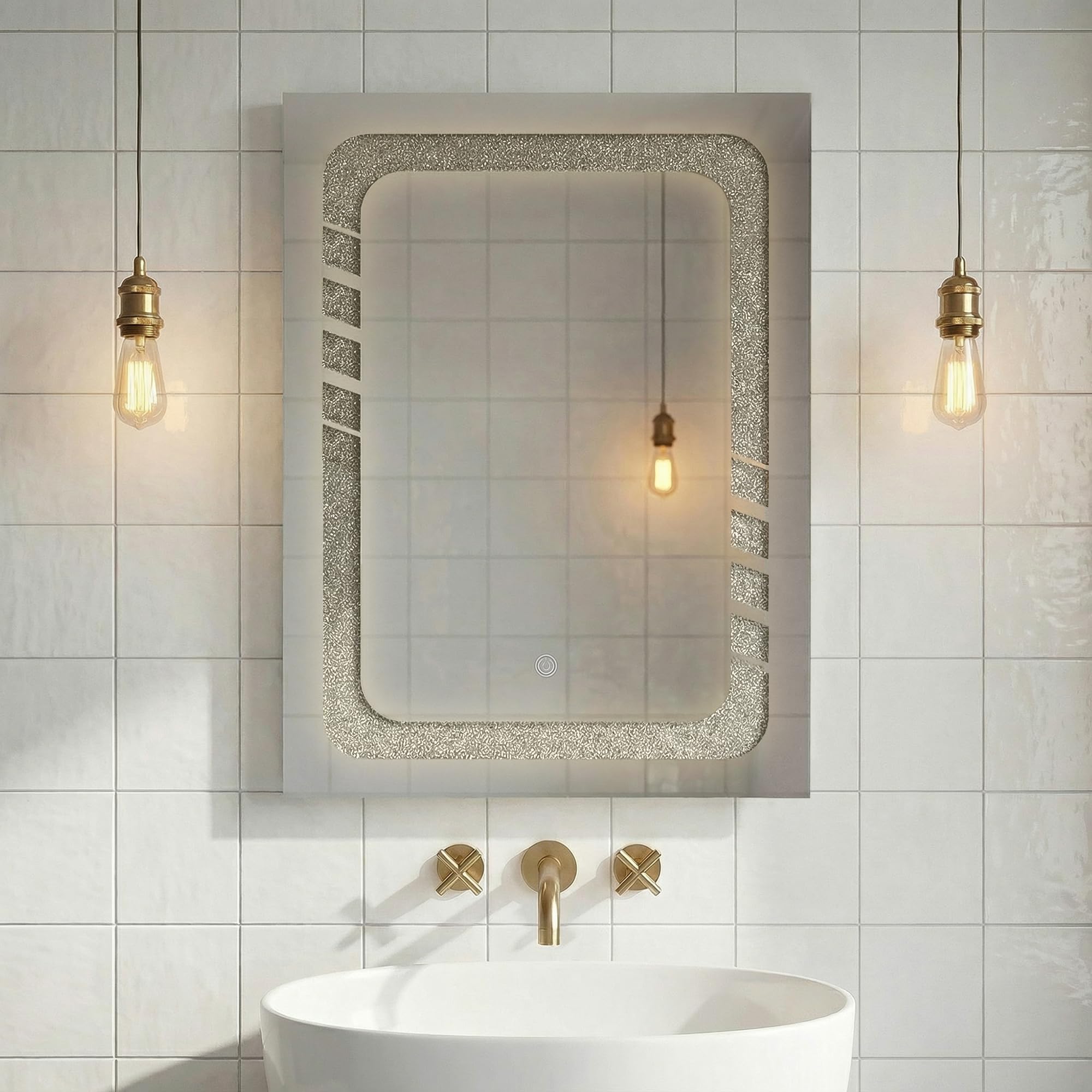 LED Bathroom Mirror with Touch Button, Adjustable Brightness, Crushed Diamond Frame, Rectangular Wall Mounted, Plug-in Hardwired