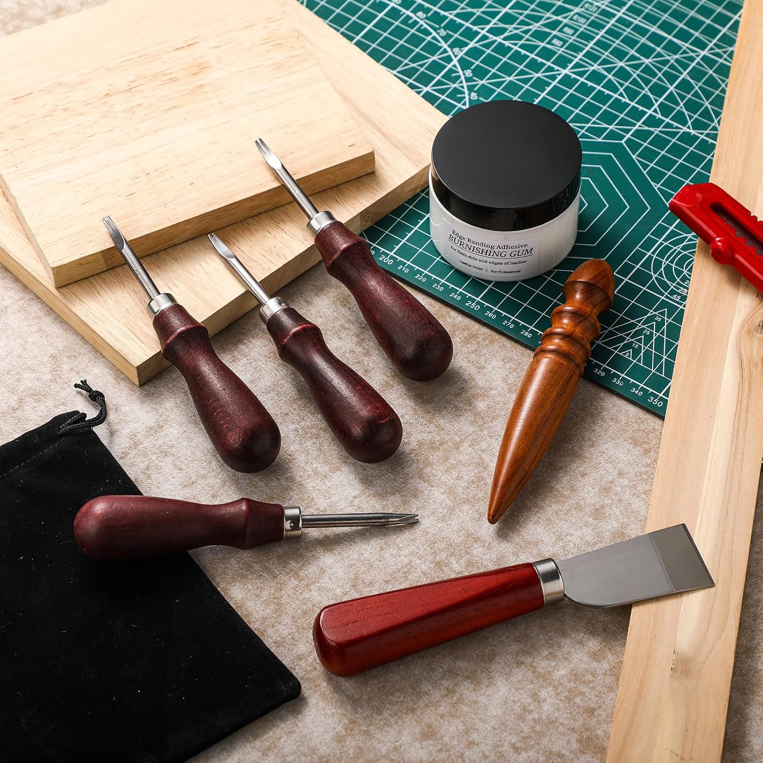 Lanties 7 Piece Leather Knife Tools Burnishing Gum Kit Includes 4 Bevelers 1 Cutting Knife 1 Edge Creaser and 120g Burnishing Gum for Professional Leather Edge Bevelers Craft Cutting Working DIY