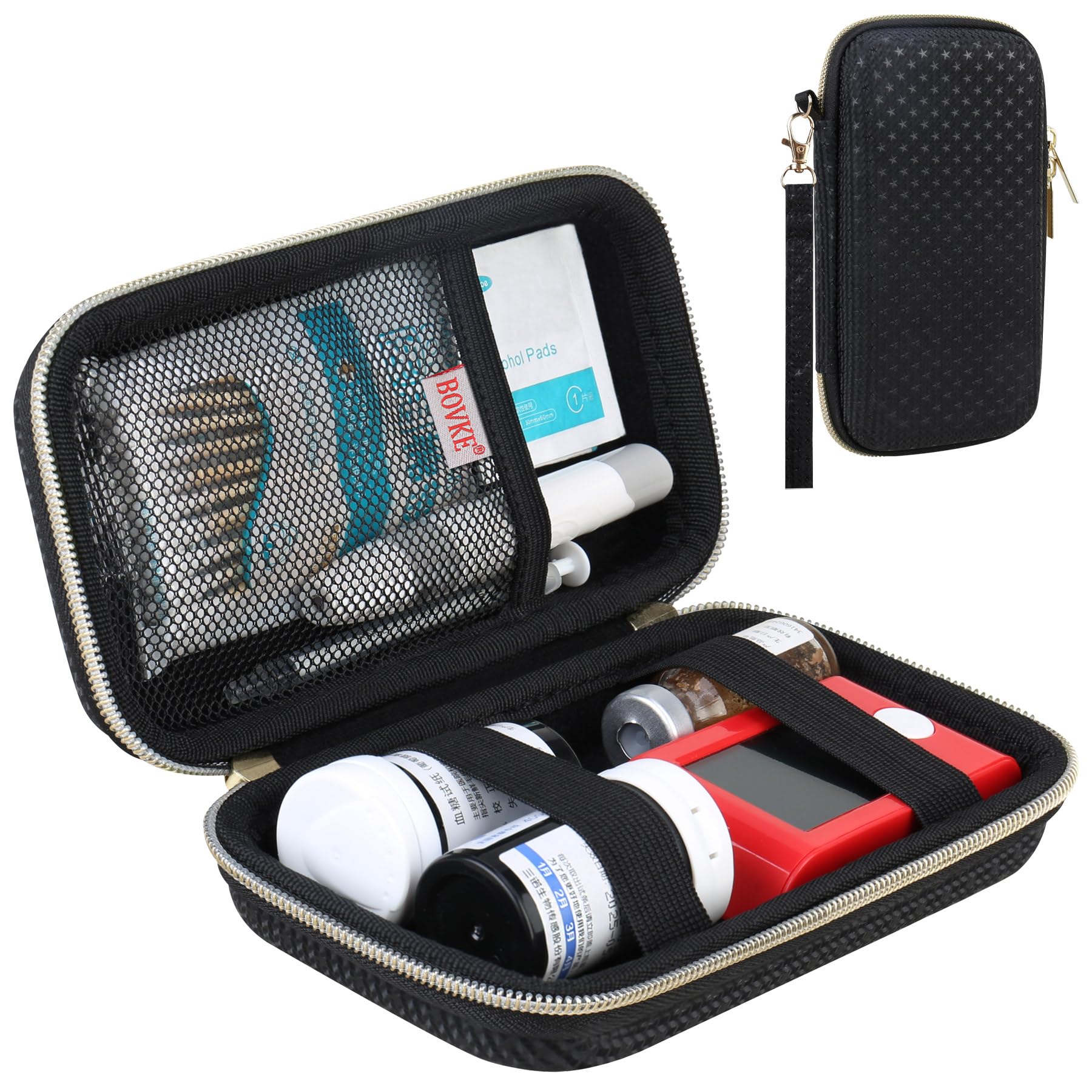 BOVKE Diabetic Supplies Travel Case, Storage Carrying Bag for Diabetes Testing Kit, Blood Glucose Monitor Meters, Test Strips, Medication, Lancets, Needles, Syringes and Diabetic Supplies, Black Star