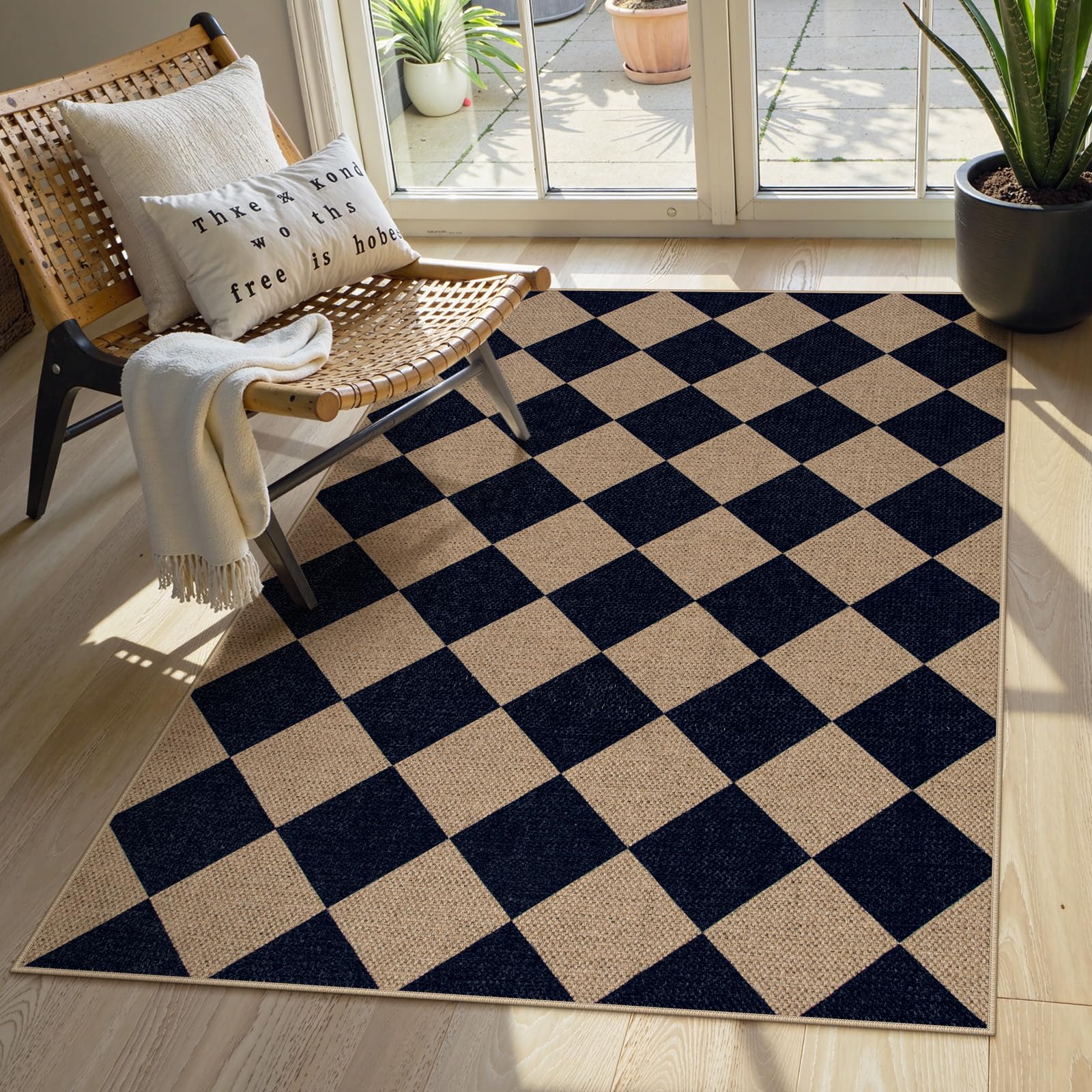 Lahome Checkered Easy Jute Entry Rug 3x5 Black Outdoor Patio Rug for Living Room Farmhouse Neutral Carpet Washable