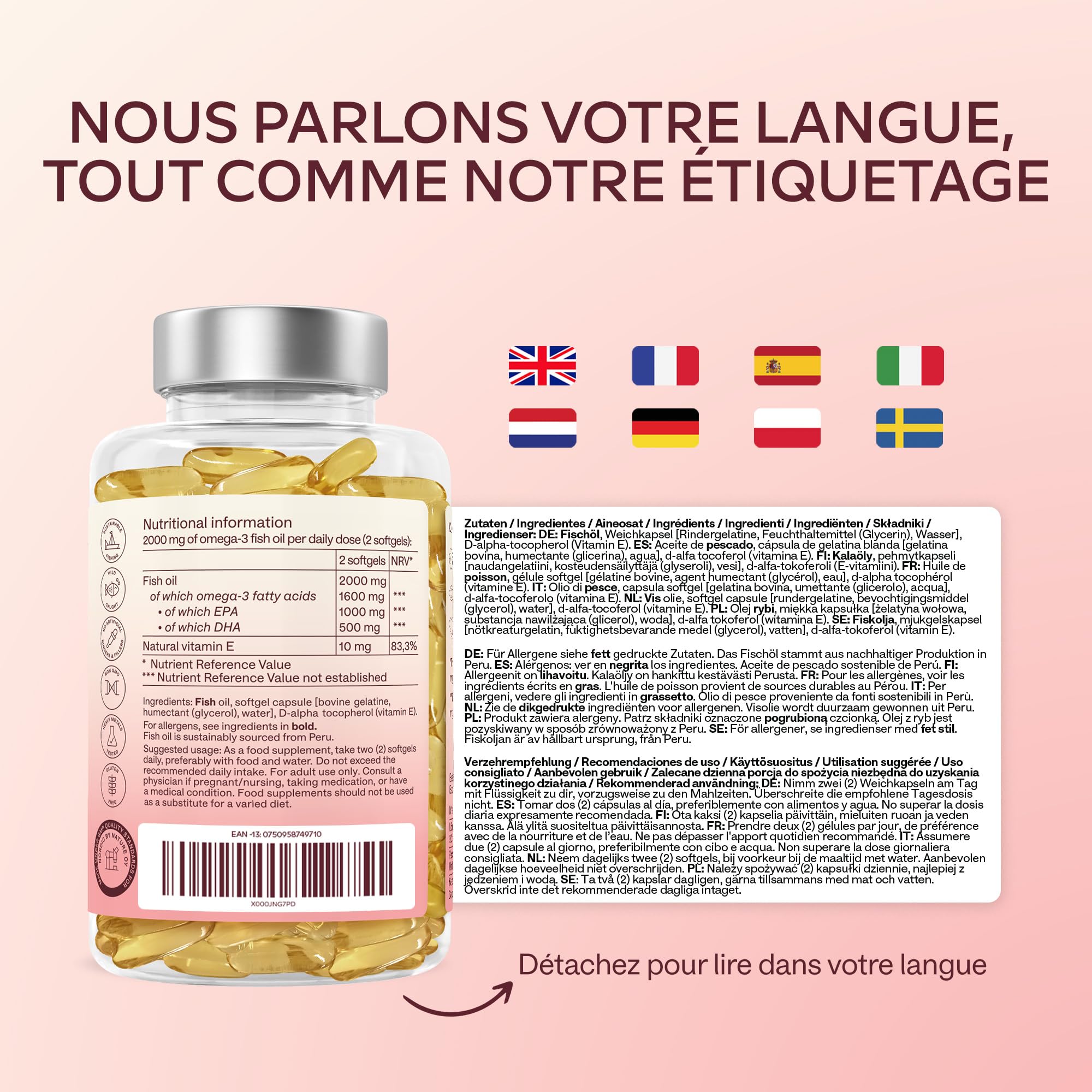 Omega 3 DHA EPA Huile de Poisson Sauvage 2000mg: 1000mg EPA + 500mg DHA par dose (2 gélules) - Complement Alimentaire Omega3 Fish Oil Concentration Pure et Forte en Oméga 3 et Vitamine E - 120 Gélules