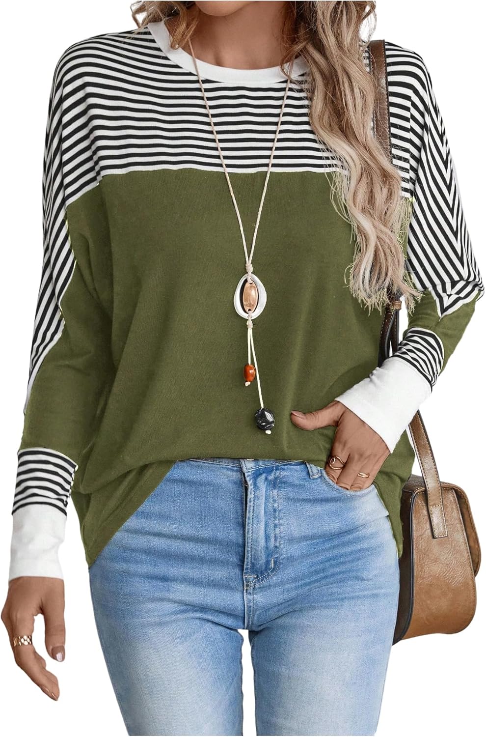 WDIRARA Women's Striped T Shirts Color Block Long Sleeve Crew Neck Tees Casual Tops