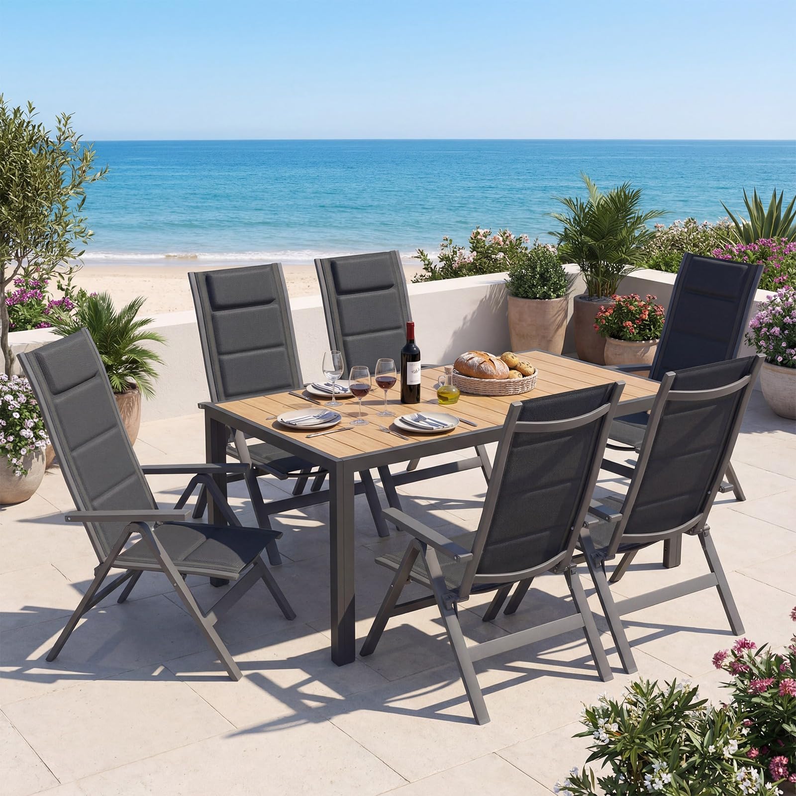 Devoko Salon de Jardin Exterieur 7 Pièces, Composé Table 150 cm en Aluminium et 6 Chaises Pliantes, Table de Jardin avec Finition à Veine de Bois et Chaises de Terrasse, Balcon, Naturel