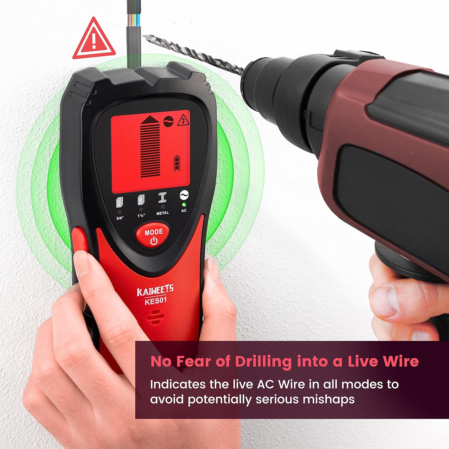 KAIWEETS Stud Finder detecting live AC wire, preventing drilling into it