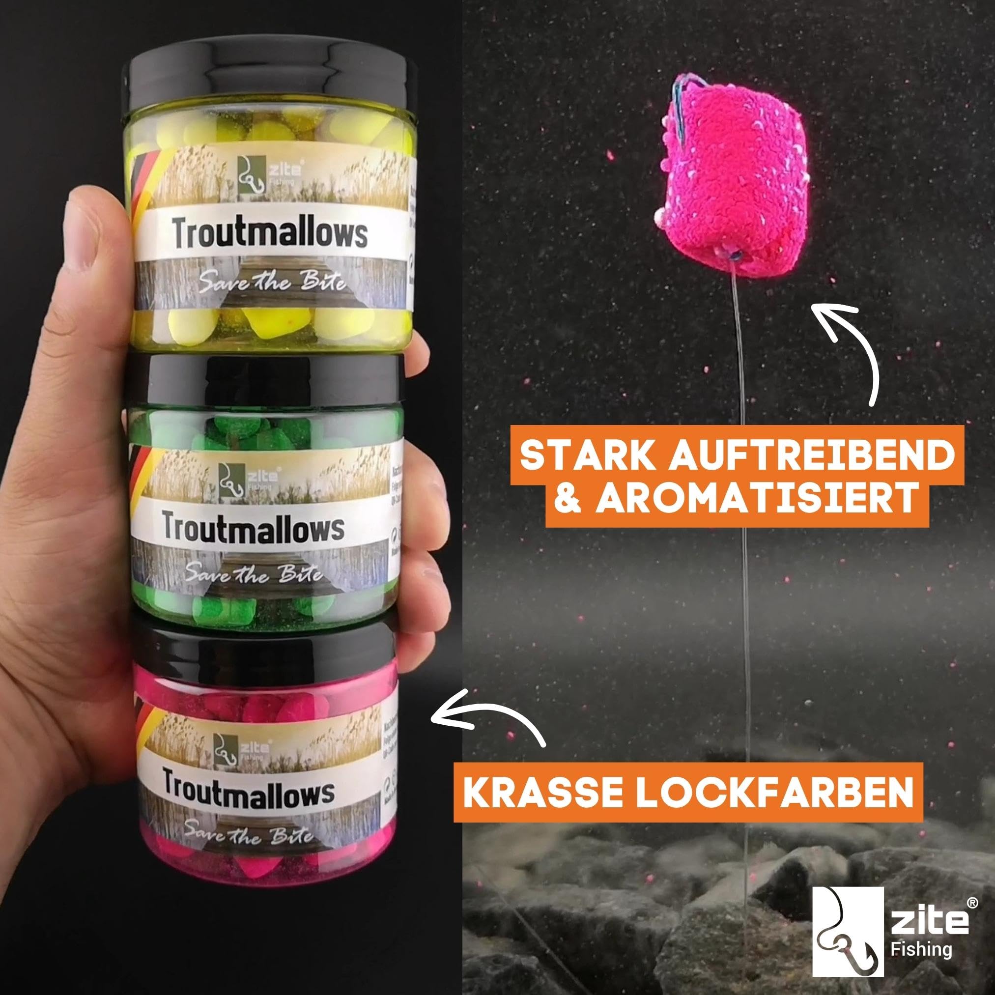 Zite Fishing Trout Mallows Forellenköder - Hochfängiger Forellenteig auftreibend - Troutmallows Starke Aromen & Leuchtende Farben 40g Dose Forellen Köder