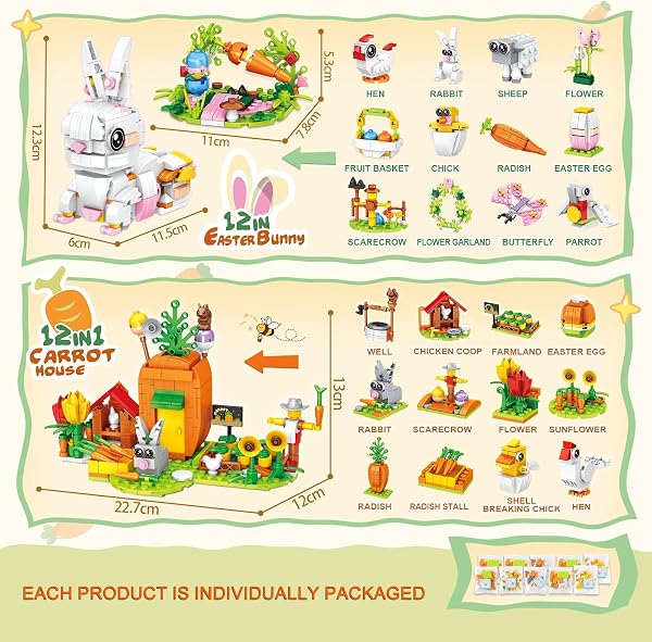 Prefilled Easter Eggs,Easter Gifts Building Set -12-in-1 Bunny Carrot House Building with Prefilled Eggs, Fun Basket Stuffer & Decorations for Kids Boys Girls - 2