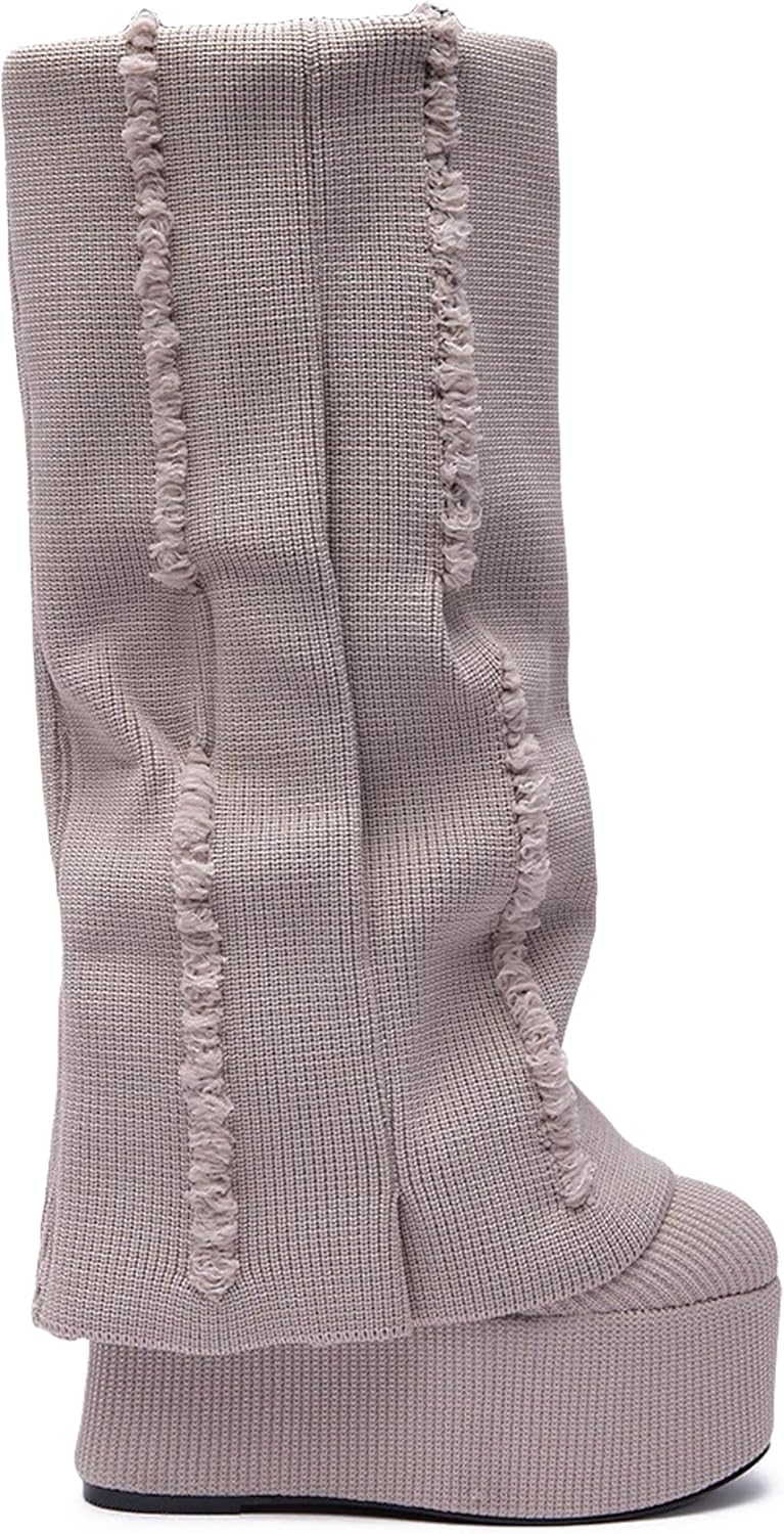 Wedge Knee High Boots for Women Knitting Slouchy Fold Over Platform Boots- Round Toe, Pull on, Fall, Dressy, Evening, Date