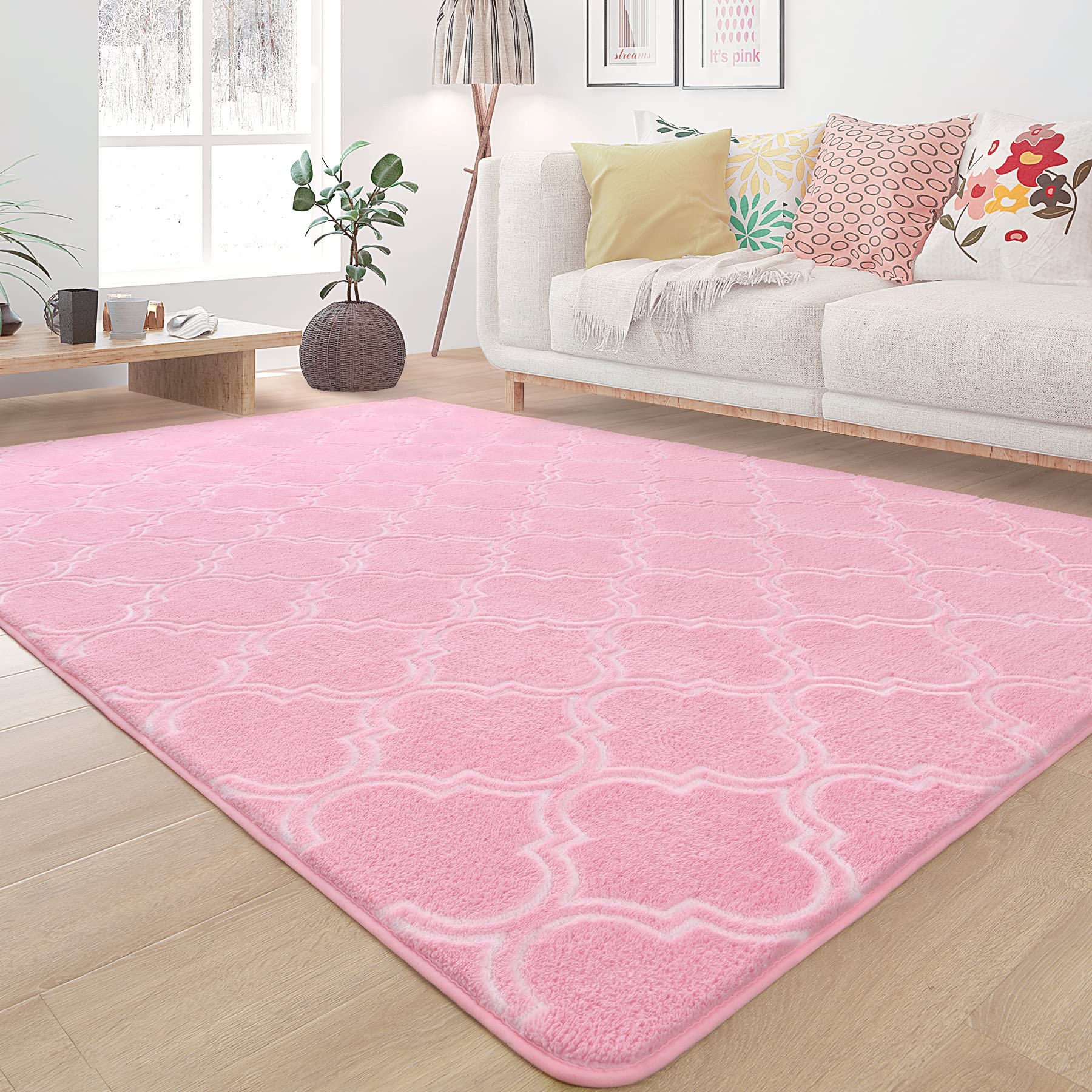 Chicrug Shag Geometric Modern Area Rug for Bedroom, 4x6 Feet Memory Foam Indoor Carpet, Fluffy Rug for Living Room Bedside Room Decor for Family Girls Kids Nursery Play Mat, Pink/White