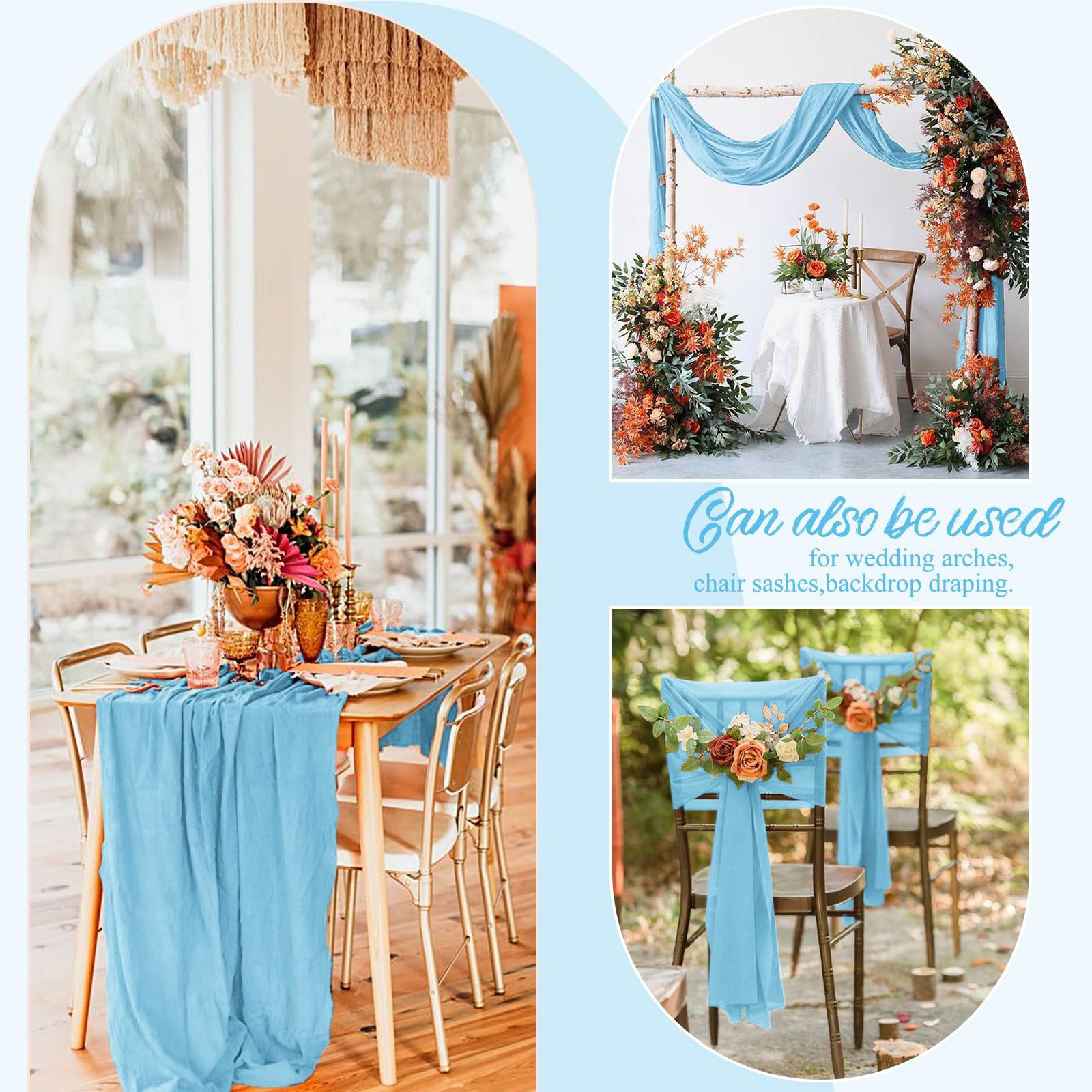 Lot de 12 chemins de table en étamine, style rustique, bohème, semi-transparents pour mariage, anniversaire, fête prénuptiale, 3 m x 304,8 cm, bleu clair