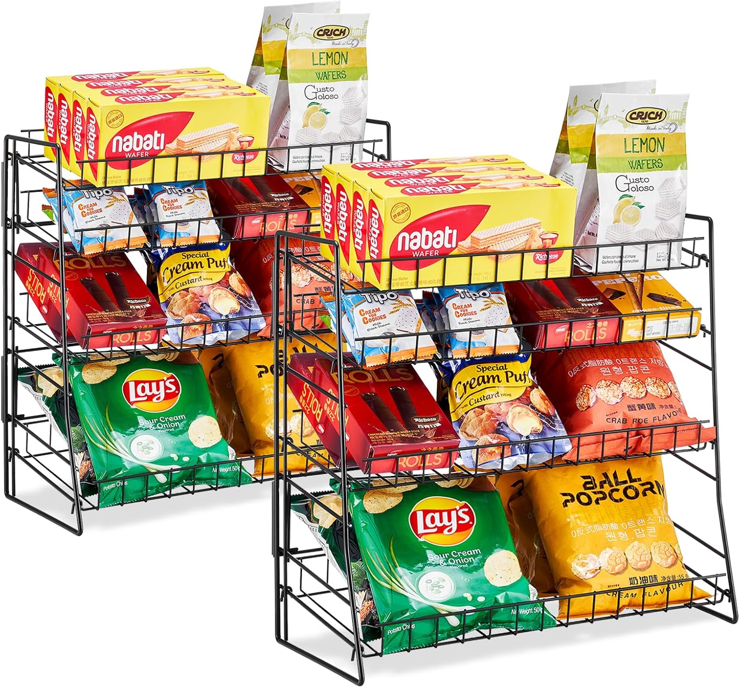 Candy Display Rack, Chip Rack Display Stand, Wire Metal Snack Shelf for Stores, Kitchen, Office, 2 Pack, Black