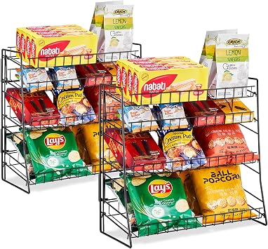 Candy Display Rack, Chip Rack Display Stand, Wire Metal Snack Shelf for Stores, Kitchen, Office, 2 Pack, Black