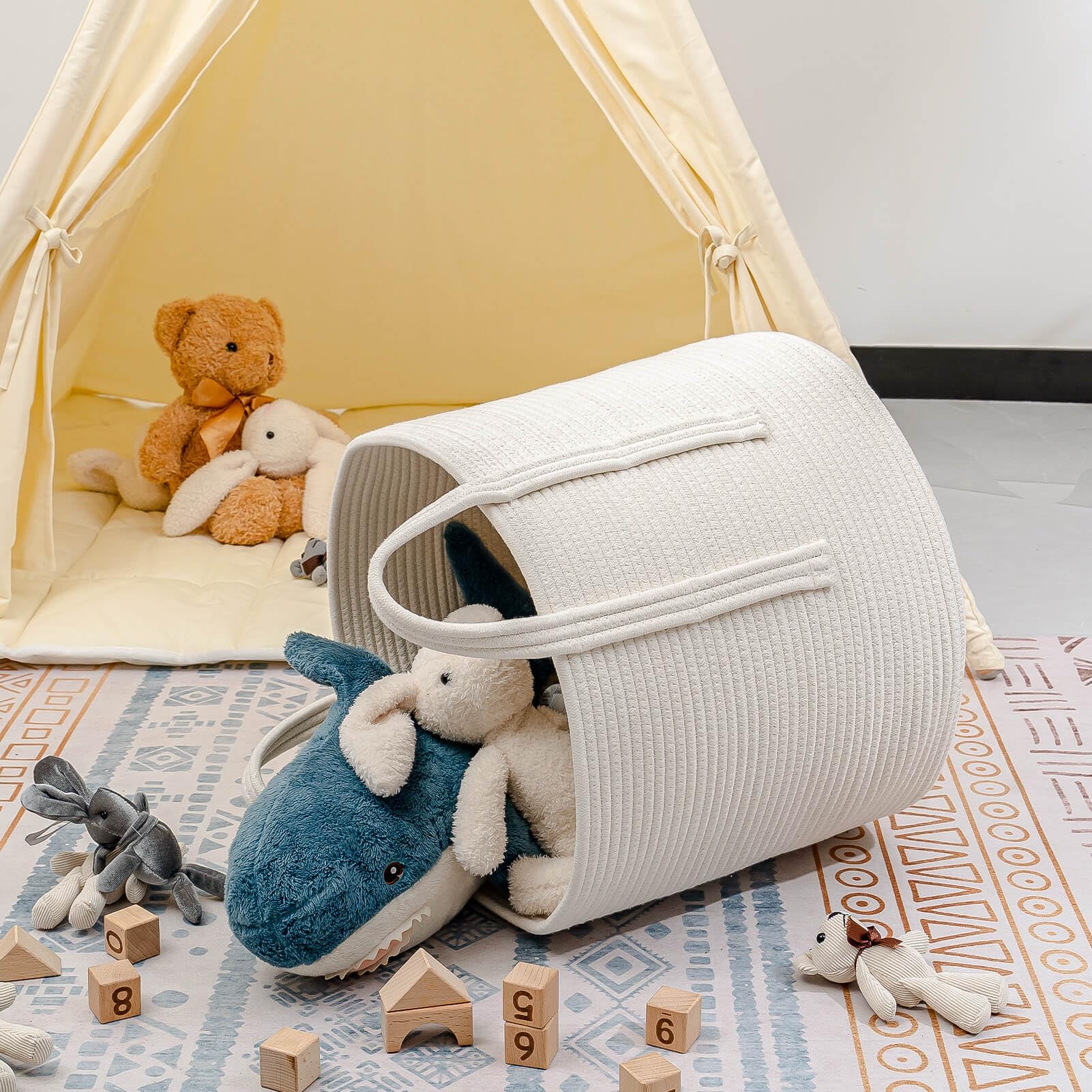 CubesLand Large Woven Storage Bins Baby Kids Basket for Organizing,Durable Roomy Dog Cat Toy Storage Bins Organizer Baskets,Boho Basket Home Decor Blanket Basket for Living Room 16"x 14" Off White