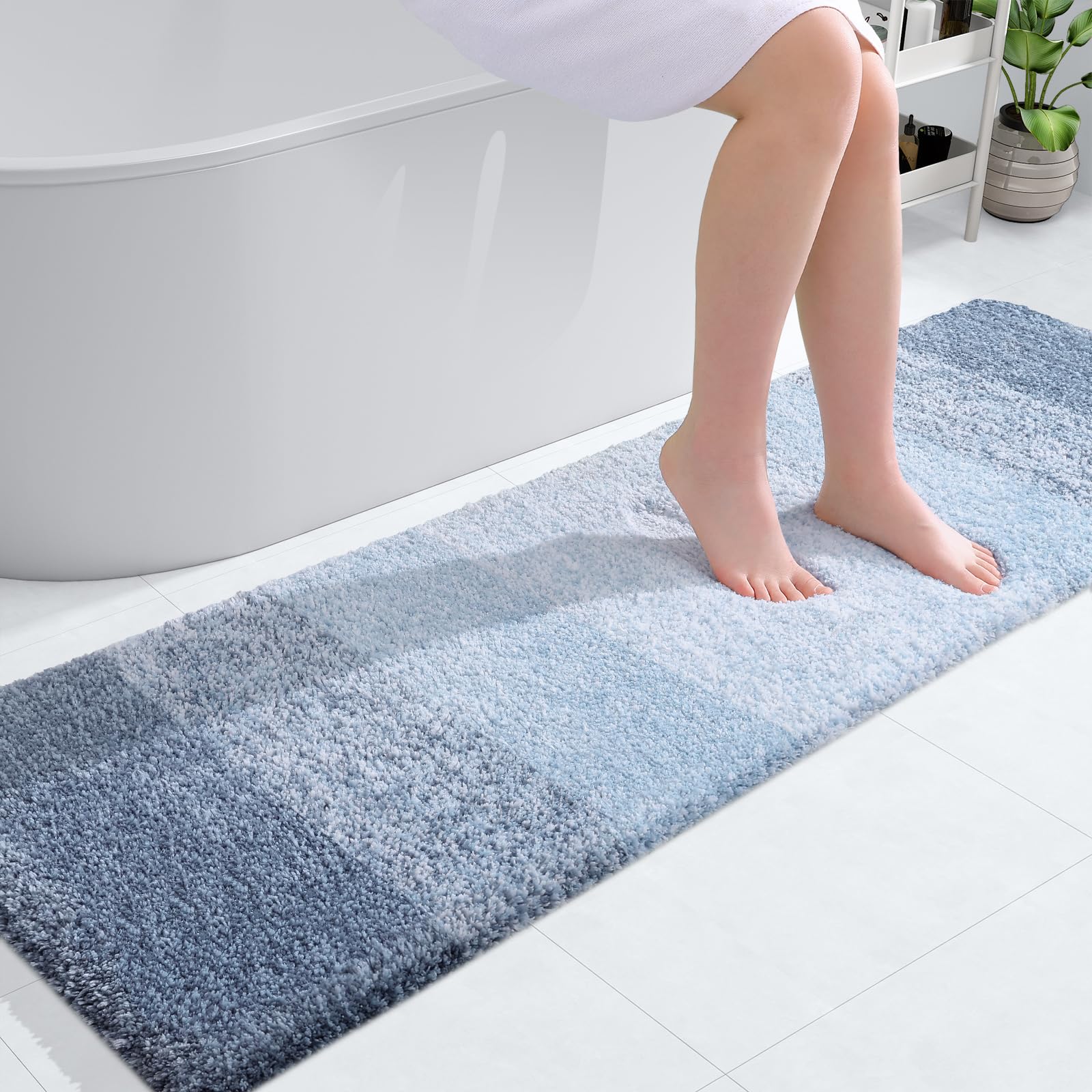 OLANLY Bathroom Runner Rug 59x17, Extra Soft Absorbent Microfiber Bath Rugs | Blue, Non-Slip Quick-Drying Rubber Backing, Machine Washable Long Bath Mat for Floor, Tub and Shower, Home Decor Accessories