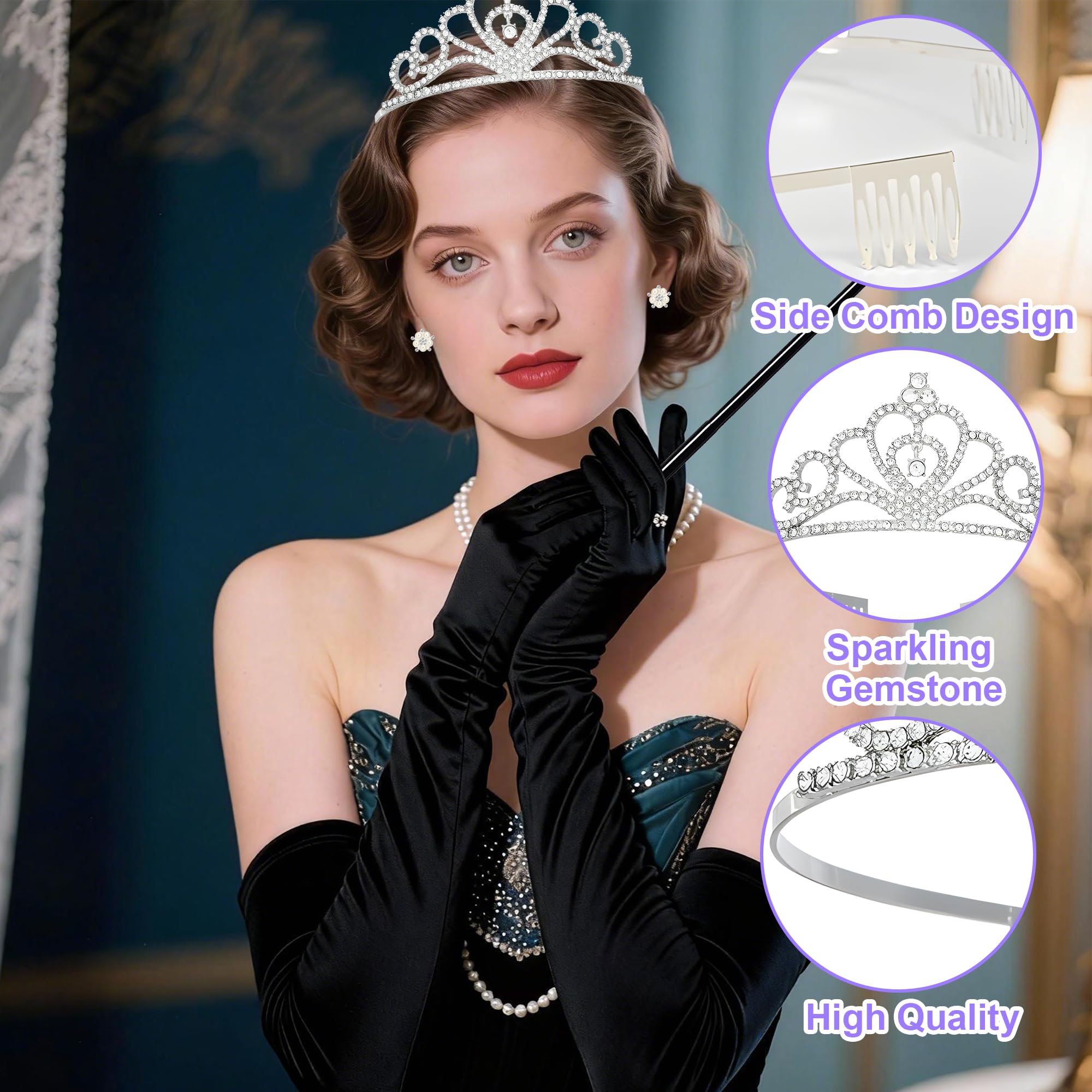 cadelon 6-Piece 1920s Retro Accessories Set for Women: Vintage Crown, Necklace, Earrings, Gloves, Sunglasses & Stand - Image 3