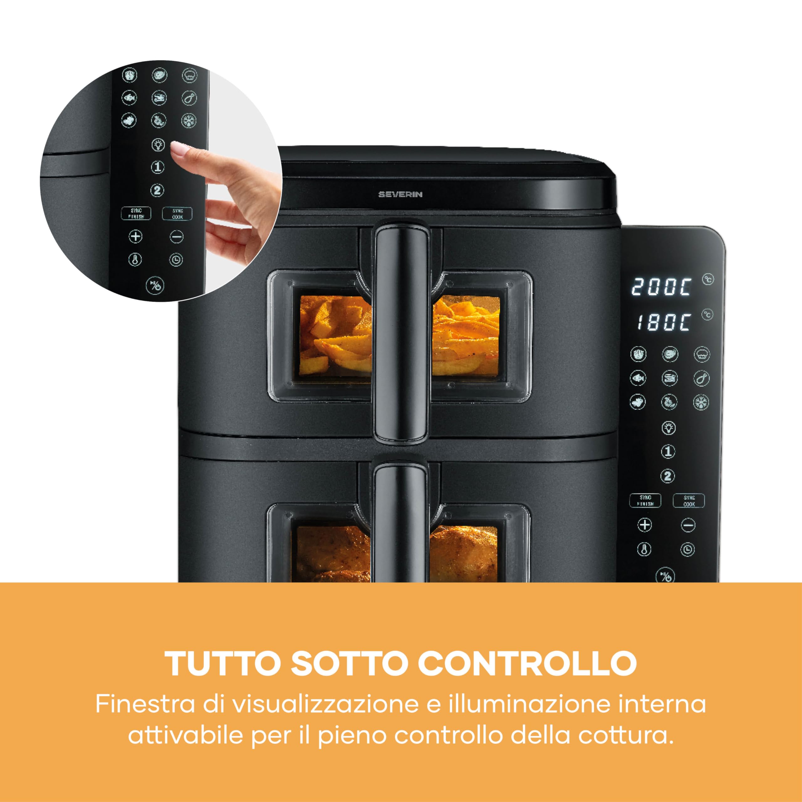 SEVERIN Friggitrice ad Aria Calda Duo Stack, 2800 W, Capacità 11 L (2x 5,5 L), Salvaspazio Verticale, 9 Programmi Automatici, Sync Cook e Finish, S-Fry, Nero - FR 9598