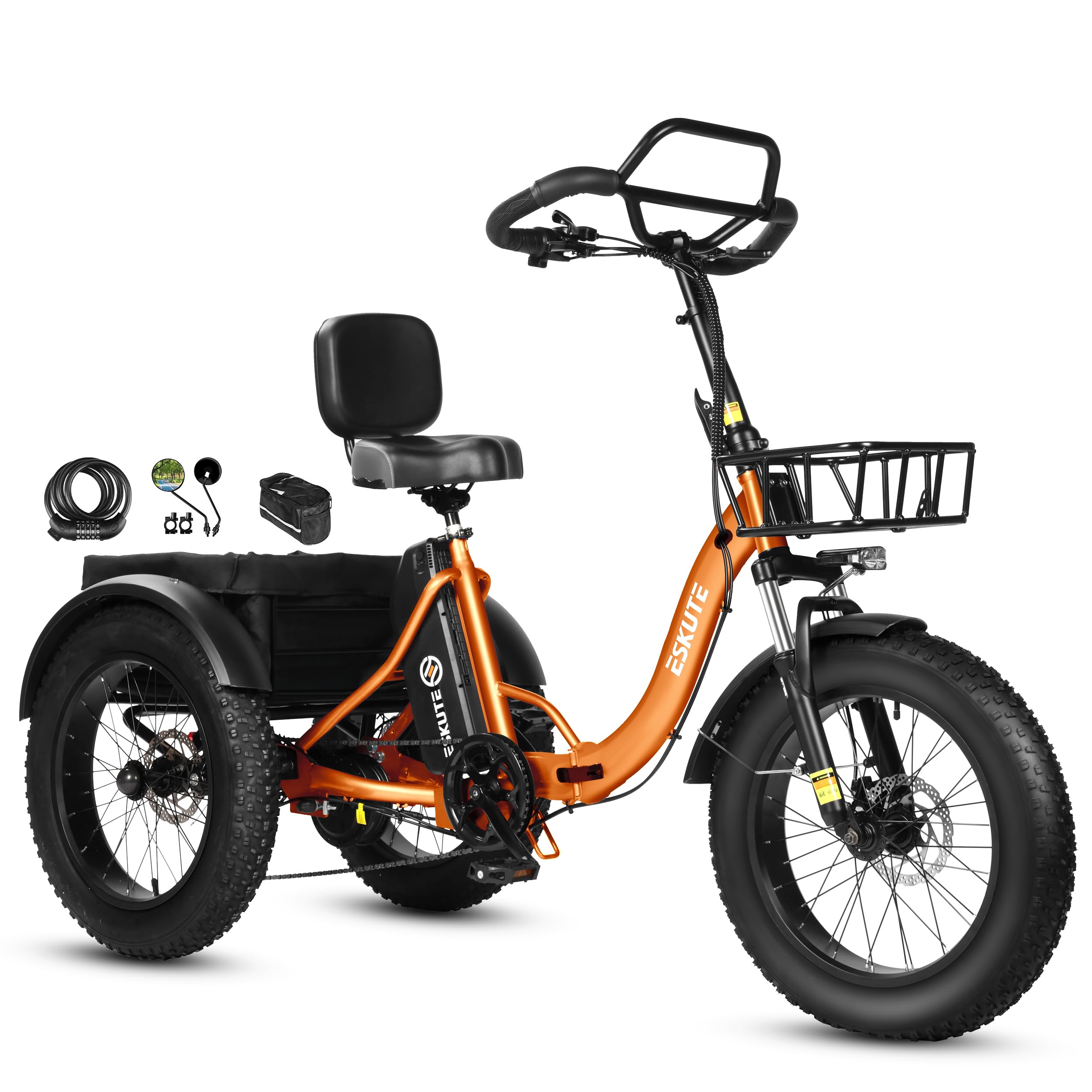 ESKUTE Elektro Dreirad für Erwachsene T302 Pro, 48V 20,8Ah Akku, faltbares E-Bike Dreirad mit Tiefeinstieg, 20×4 Zoll Fat Tires Elektrofahrrad, 7-Gang, 25 km/h, 60–130 km Reichweite