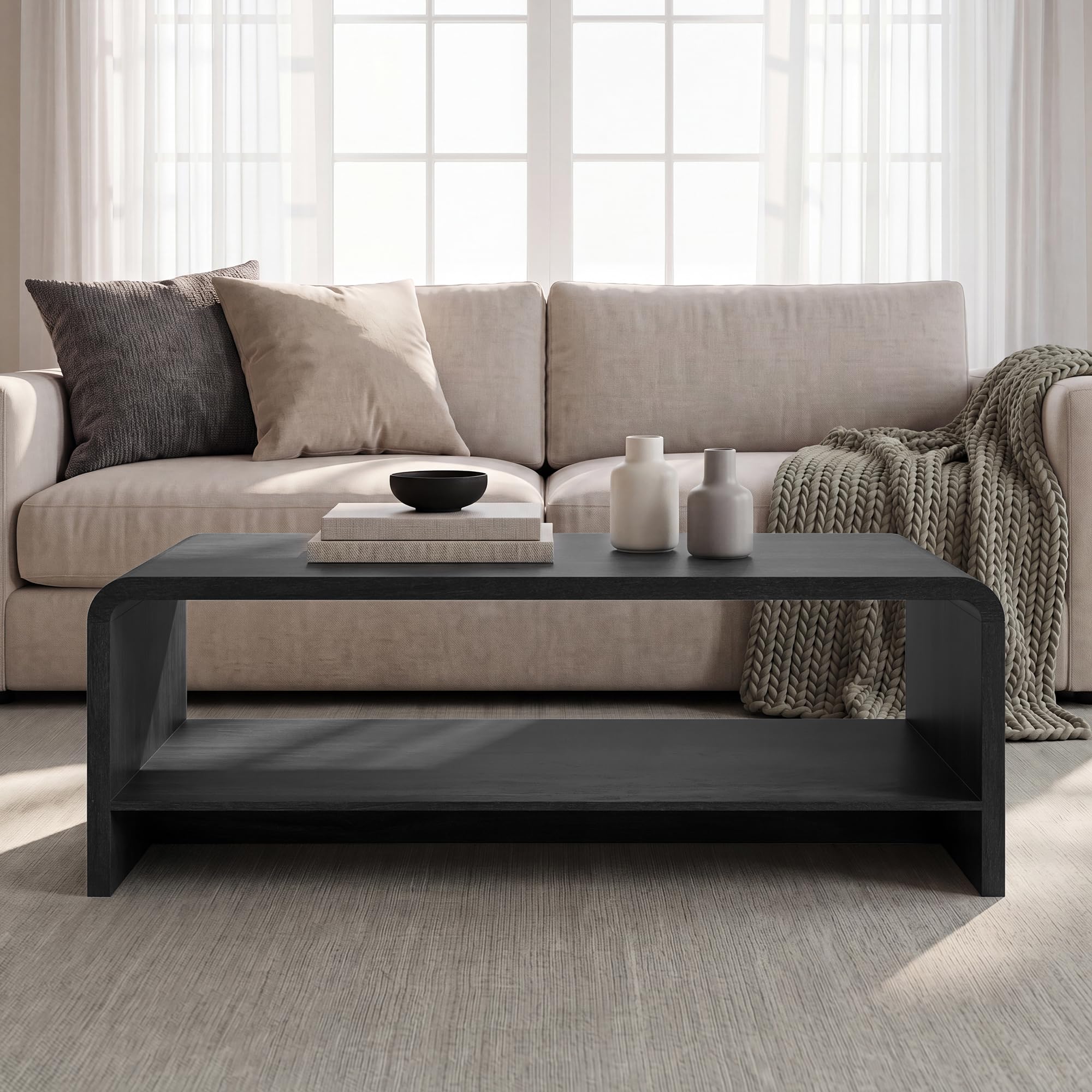 Fatmok 48 inch Curved Coffee Table in Black Grey