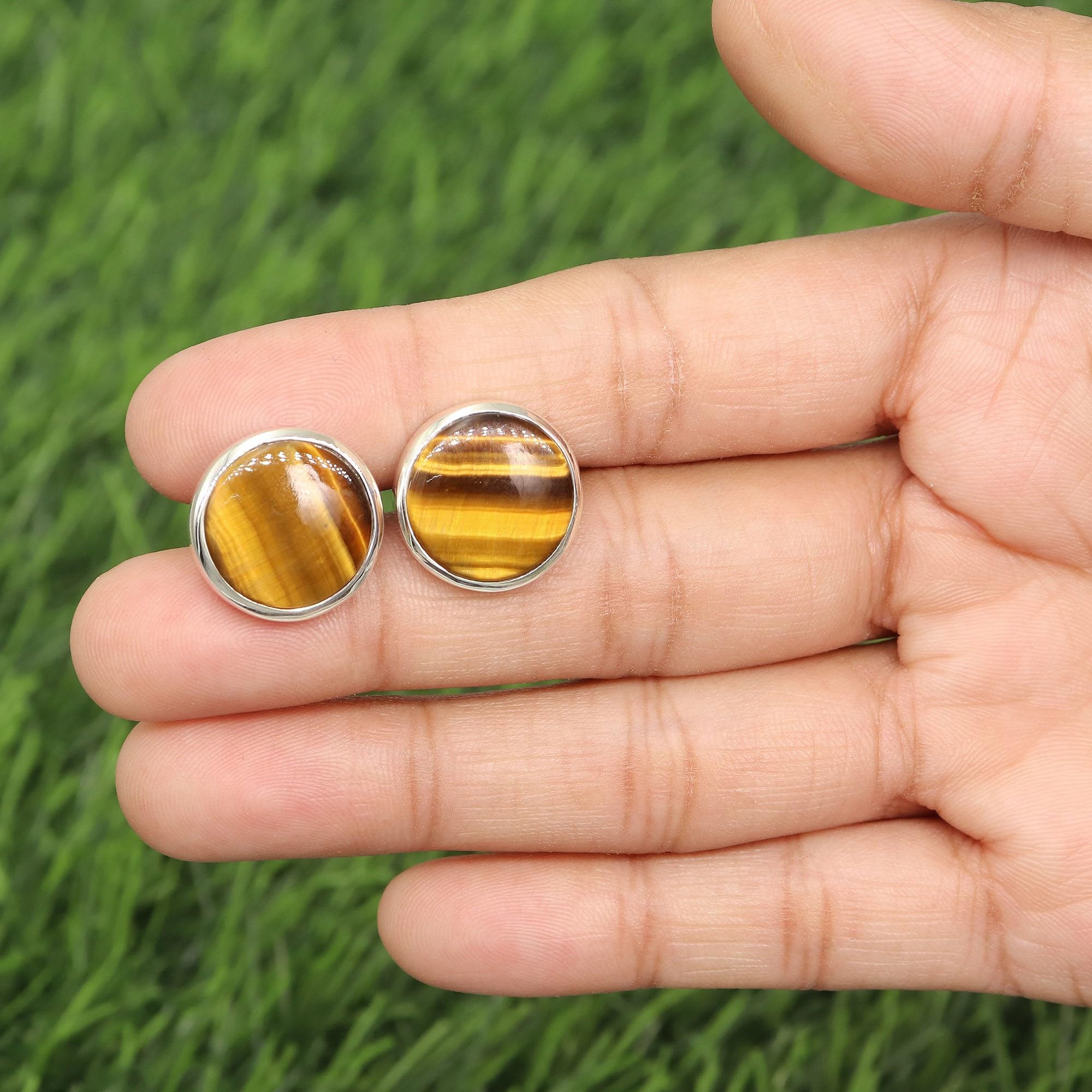 Gemelli in argento Sterling, gemelli per testimoni dello sposo, gemelli con occhio di tigre, gemelli con pietre preziose, gemelli da uomo, gemelli rotondi con pietra preziosa occhio di tigre, medio,