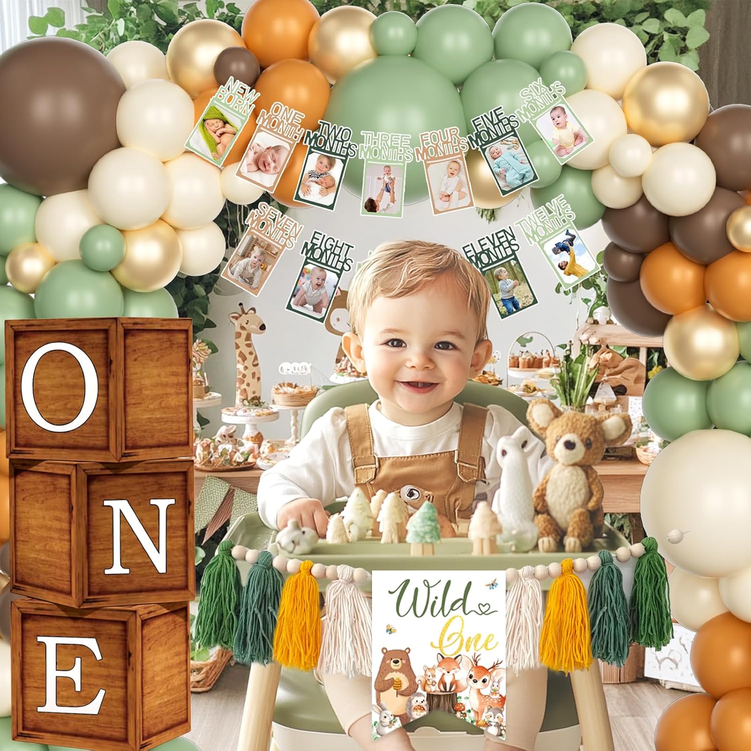 Woodland 1st Birthday Decorations, 106 PCs - Forest Animal First Birthday Party Supplies with Wild One Backdrop, Balloon Garland, Tablecloth, Cake Topper