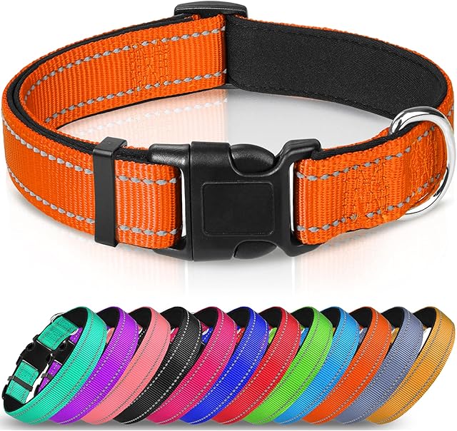 Joytale Reflective Dog Collar,Padded Breathable Soft Neoprene Nylon Pet Collar Adjustable for Medium Dogs,M,Orange