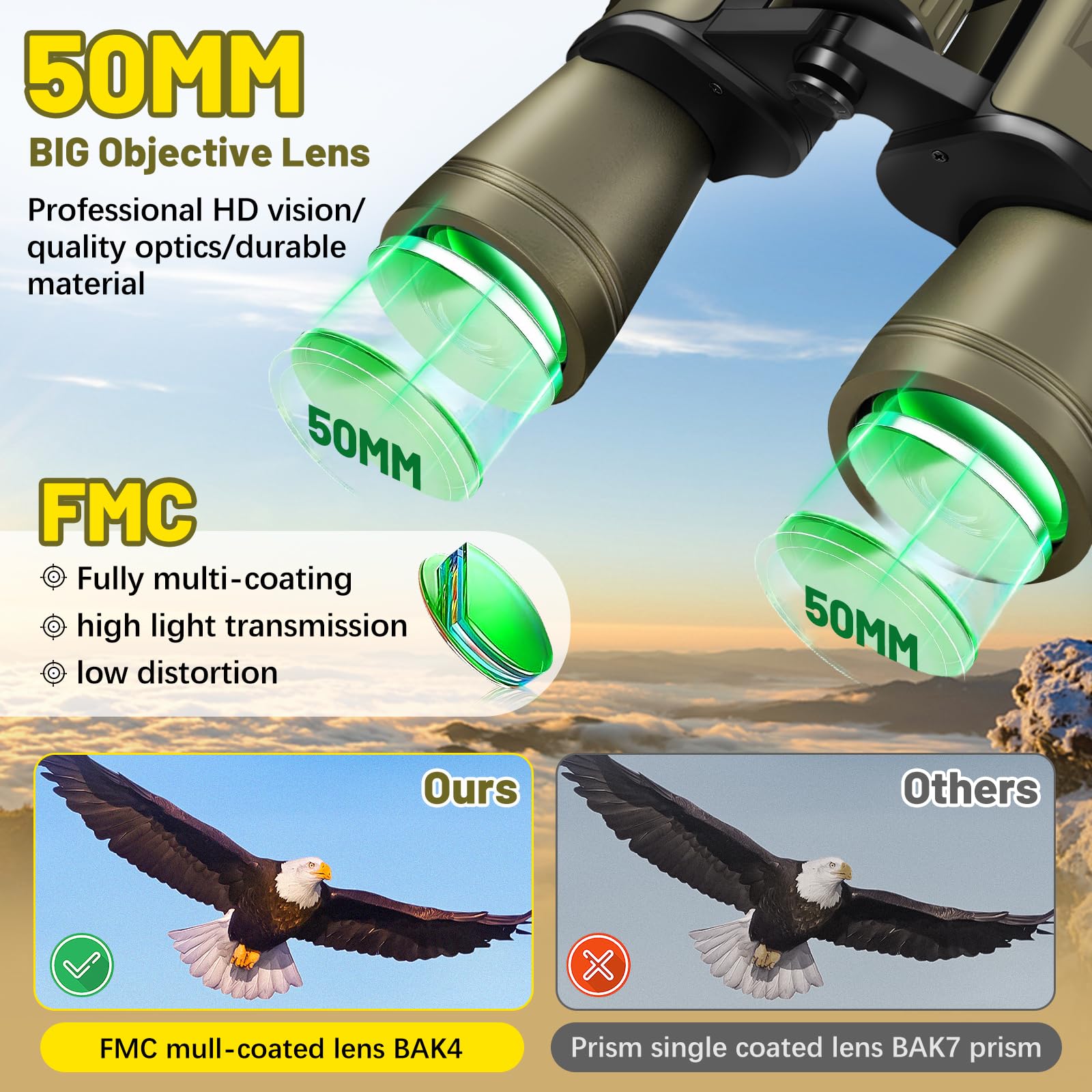 Jumelles 20 x 50 pour Adultes, Jumelles HD avec Vision Nocturne, Jumelles compactes avec objectifs FMC, étanches Tactiques pour Chasse, randonnée, Voyage de Concert avec Prisme BAK4 avec Adaptateur - 2