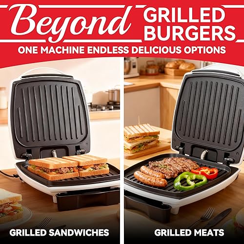 Miniatura 5 de Parrilla para hamburguesas 2 en 1, parrilla eléctrica para interiores y prensa Panini con placas antiadherentes, 1200 W, fácil de limpiar y