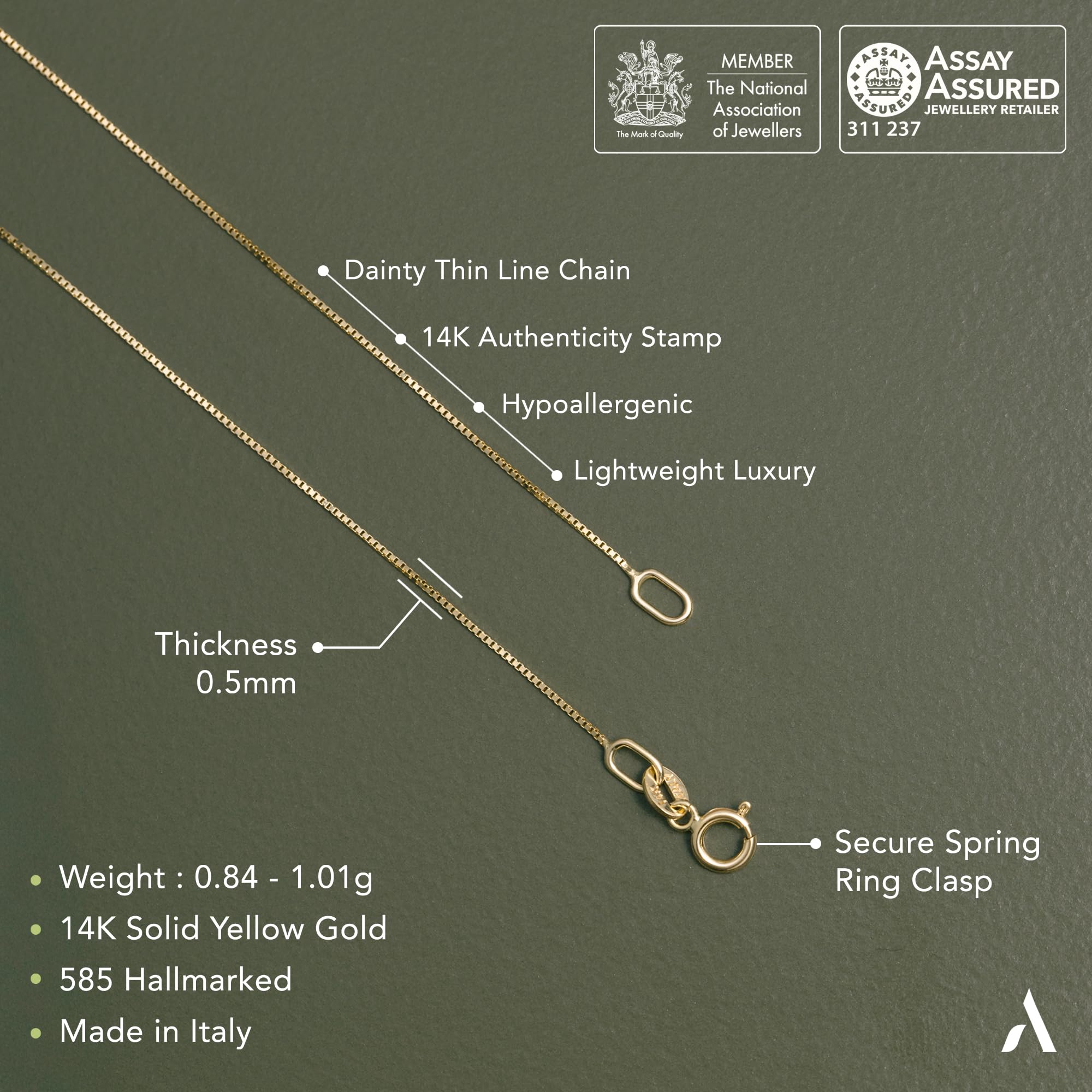 Amberta 14-karatowy złoty łańcuszek dla kobiet i mężczyzn | Elegancki elegancki solidny naszyjnik wenecki brodowany Singapur delikatny naszyjnik 40 45 50 cm