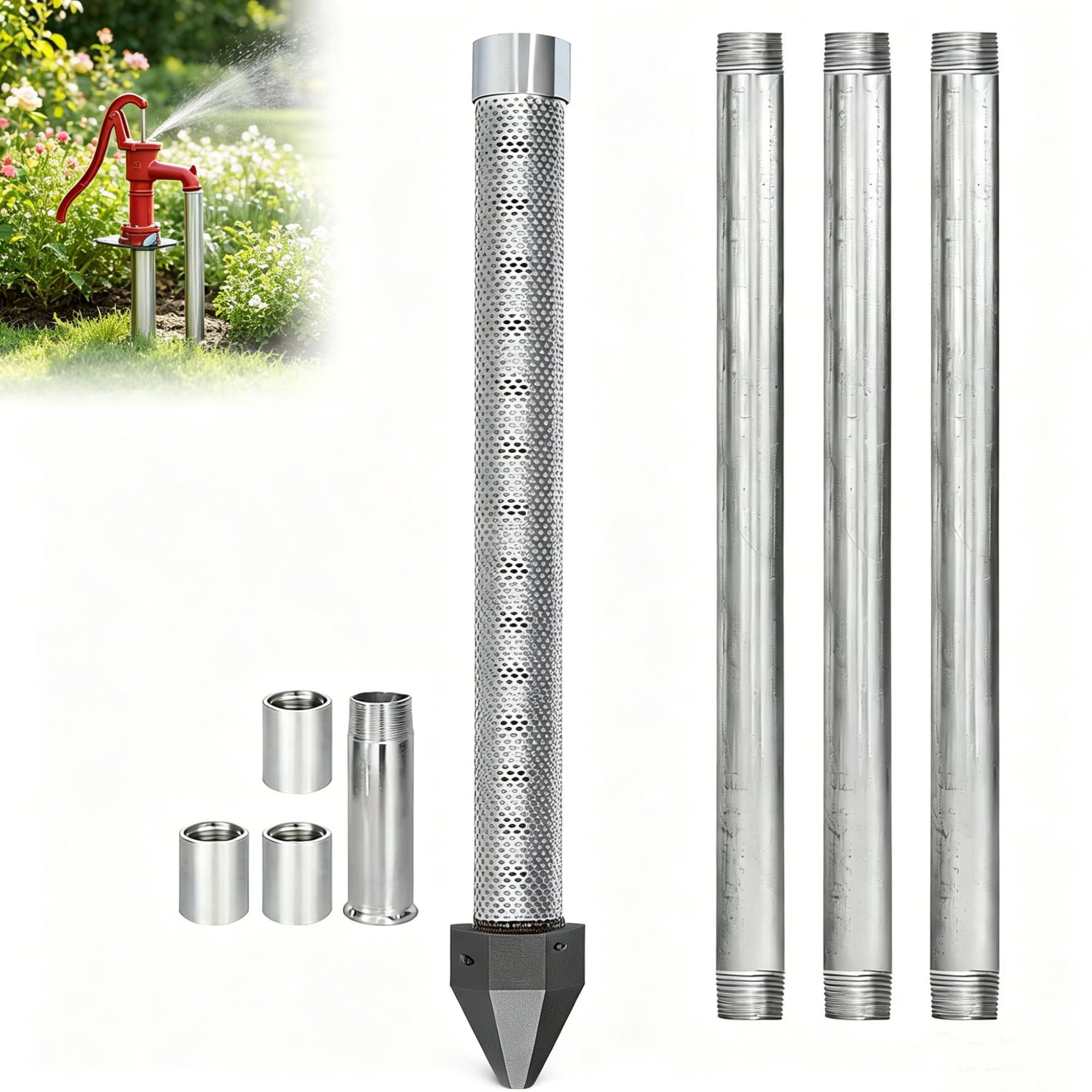 Water Well Drilling Kit,1-1/4 Stainless Steel Drive Point,36 Inch Sand Point Well with 60 Gauge Mesh,Heavy Duty Galvanized Pipes for Soft Soil Drilling(4M Kit)