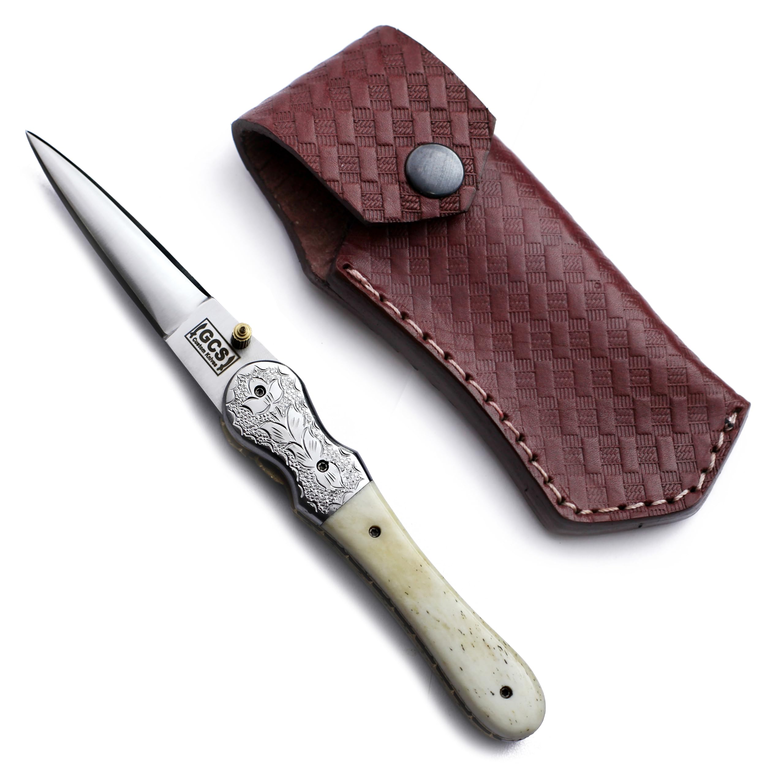 GCS Handmade Bone Full Tang Handle with D2 Steel Tactical Hunting Folding Knife with Leather Sheath for Hunting and Camping & EDC GCS-918F
