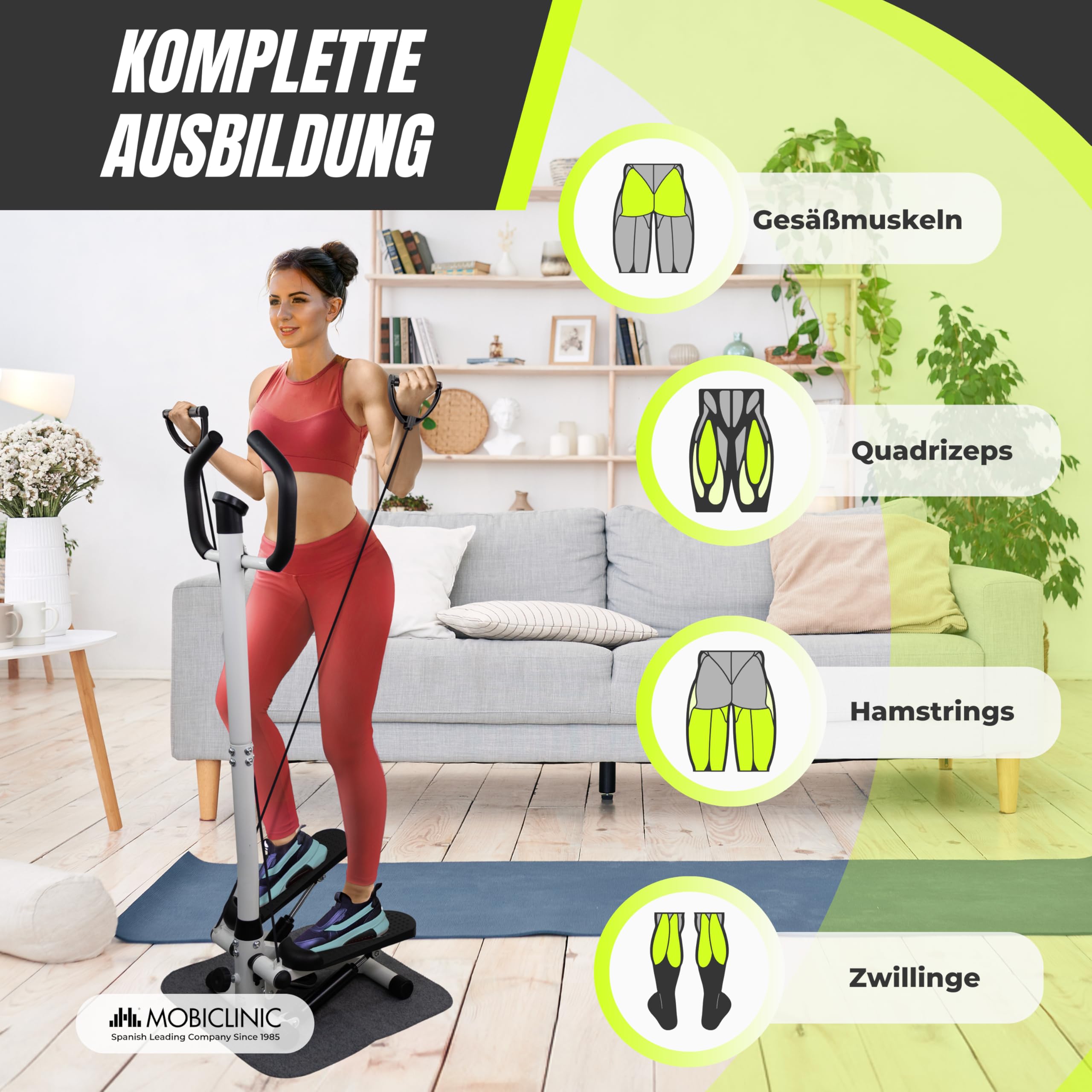 Mobiclinic®, Stepper mit Lenker, Höhenverstellbar, LCD-Monitor, Einstellbare Intensität, rutschfeste Pedale, Step-by-Step-Maschine, Kompakt, Heimtraining, Step-Pro