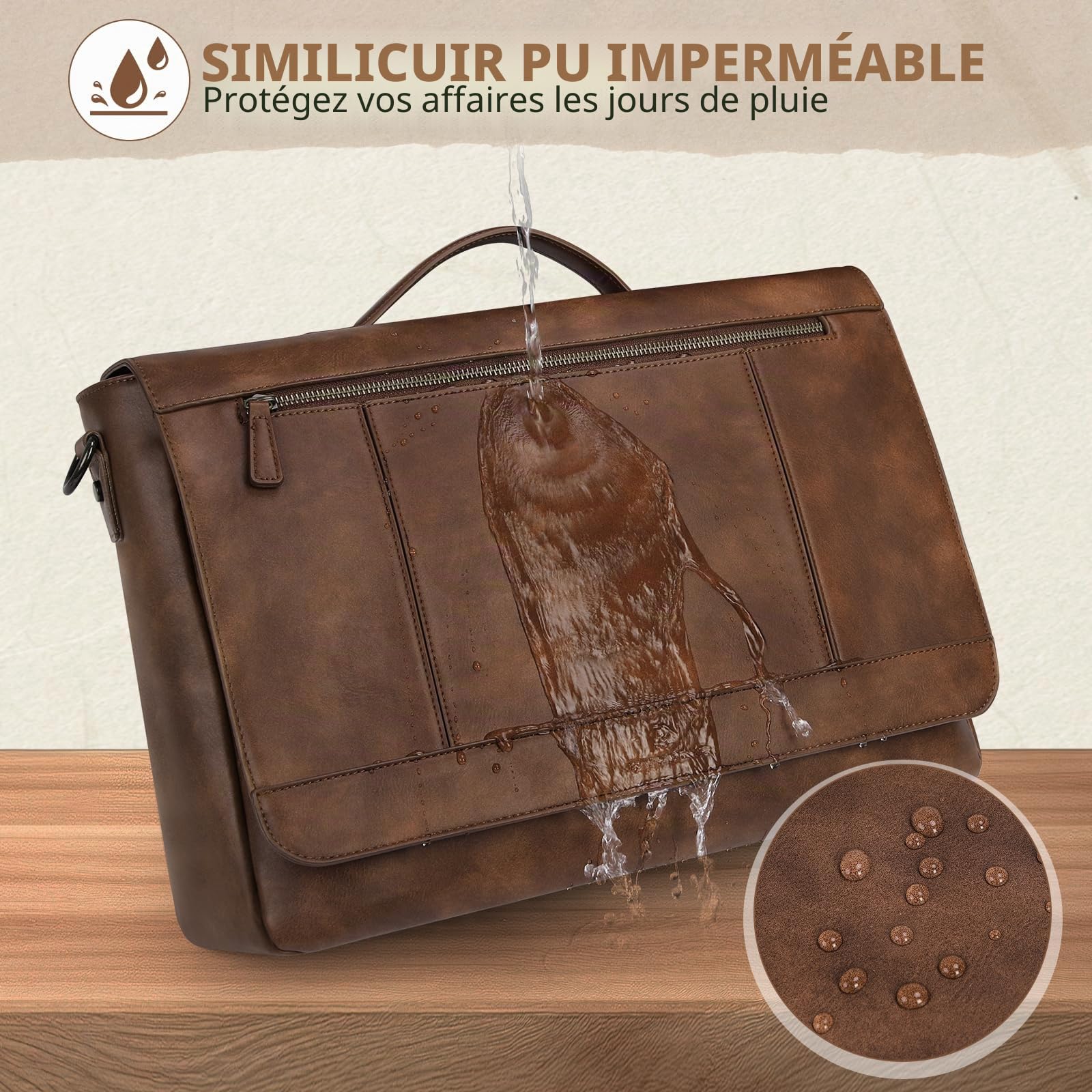 RAINSMORE Sac à bandoulière en cuir pour homme de 15,6 pouces - Étanche - Style vintage - Grande sacoche à bandoulière - Pour le travail, le bureau, l'université