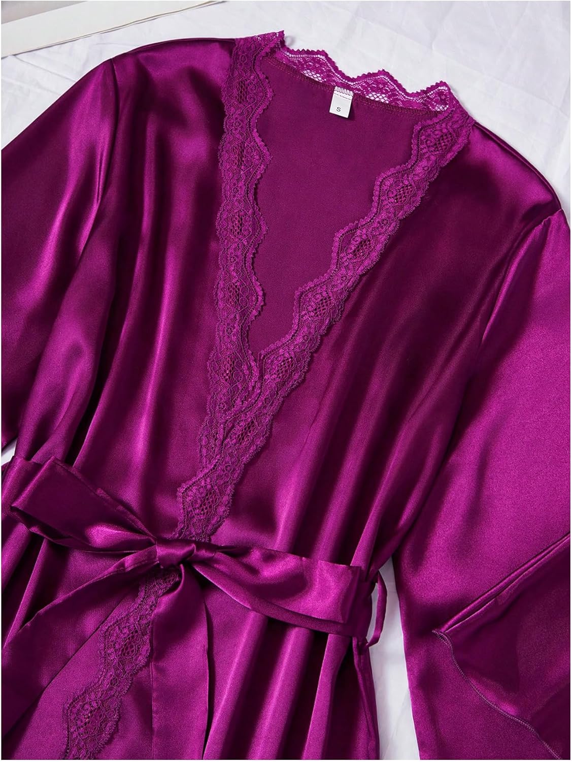 SweatyRocks Women's Silk Pajamas Set 4pcs with Robe Lace Trim Shorts Lounge Sets Pants Sleepwear - Image 4