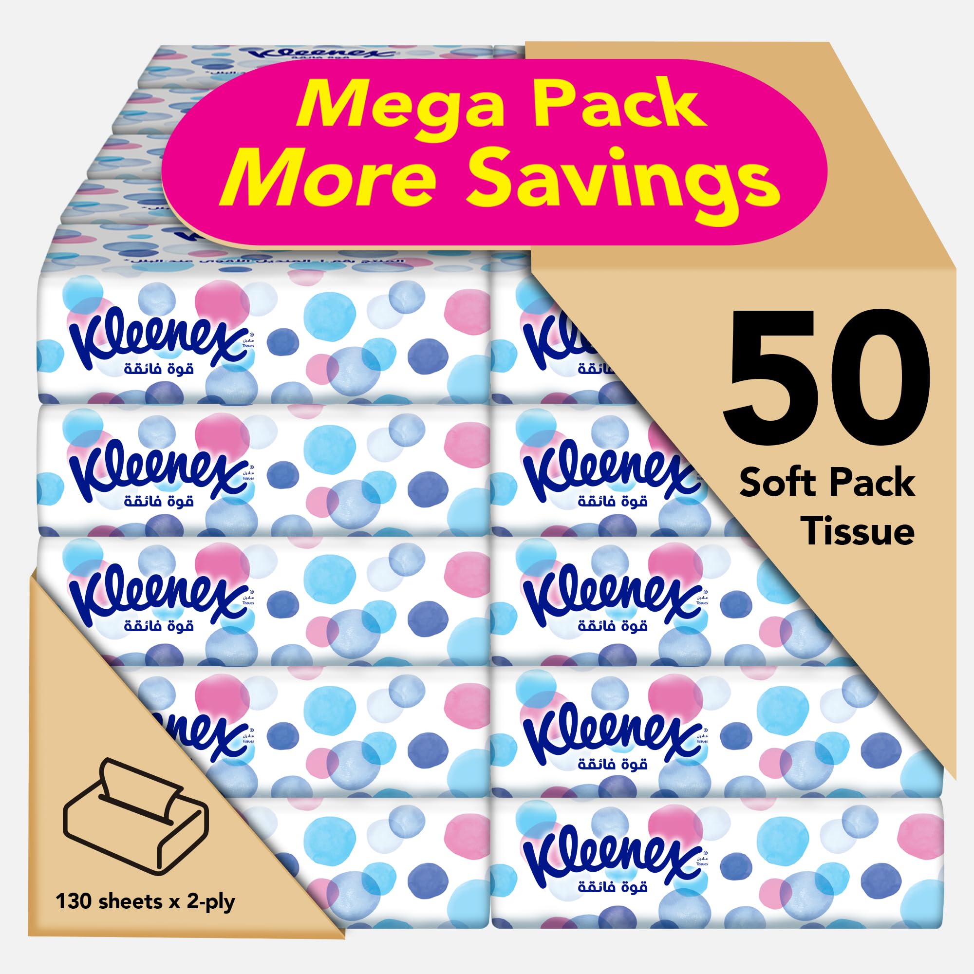 Kleenex Ultra Strong Facial Tissue, 2 PLY, 50 Soft Packs x 130 Sheets, Strong Multi Purpose Tissue