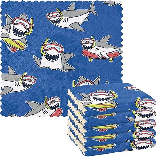 FRODOTGV Shark Wearing Diving Cotton Print Microfiber Towels Kitchen Absorbent 6 Pack Microfiber Towel for Restaurant Table