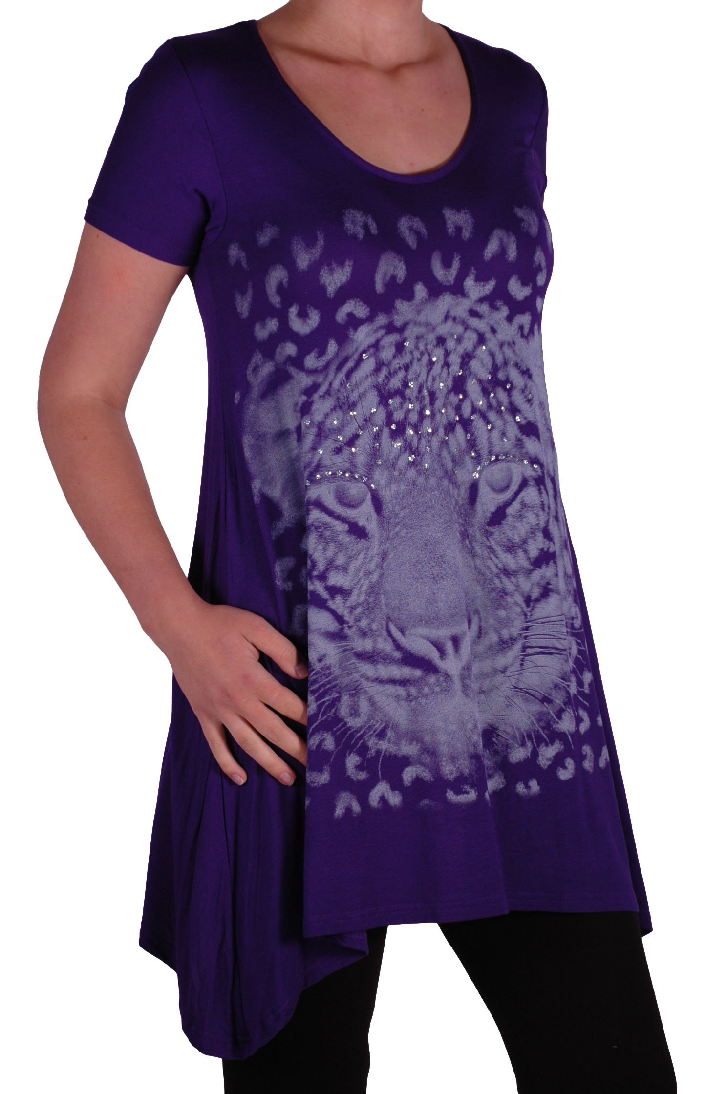 Eye Catch Women's Purple Plus - Graphic Tiger Long Draped Sparkle Short Sleeve Stretch Top - Comfortable And Adjustable - Sizes 14-28