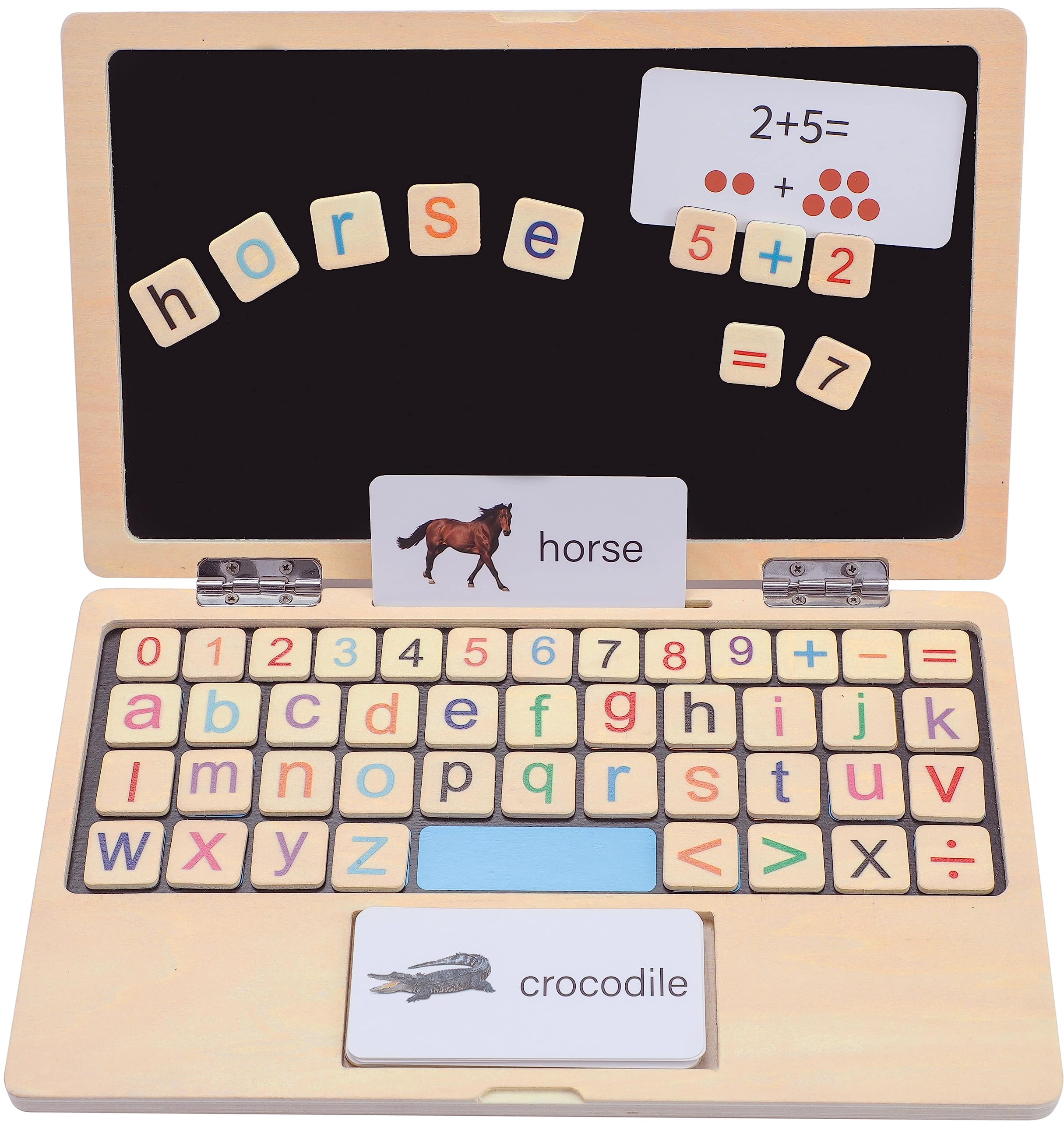 11.8" My First Laptop: Wooden Learning Toy with Magnetic Letters, Flashcards & Chalkboard - Montessori Toddler Toys - Educational Toy for Kids Ages 3