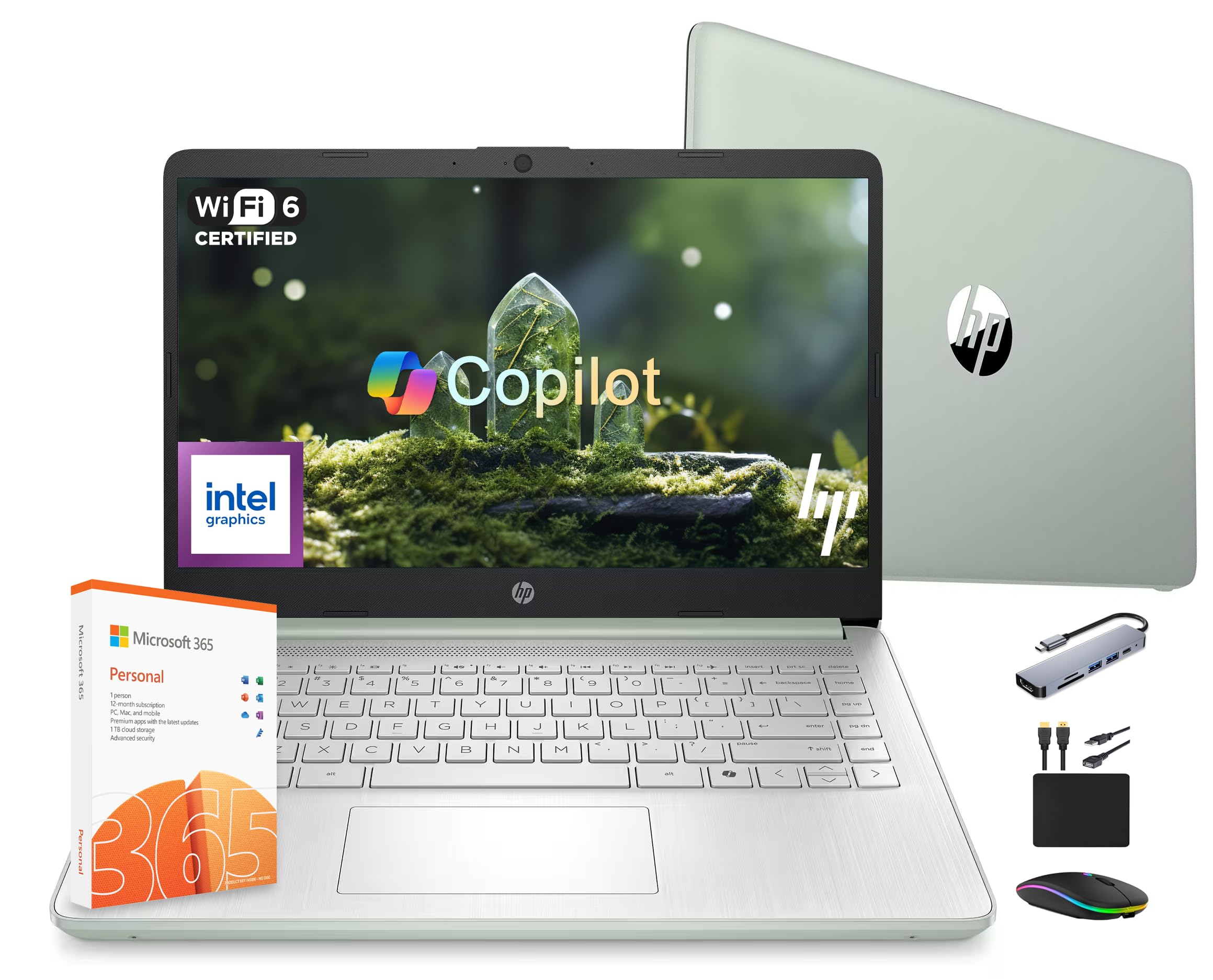 HP 14 Laptop Computer 2025 Ultra Light, AI Copilot Student Business, Quad-Core Intel, 16GB RAM, 628GB Storage (128GB UFS+ 500GB Ext), 1 Yr Office 365,