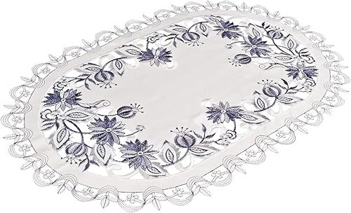 Mantel individual ovalado bordado de flor de cebolla azul de Delft, tapete, bufanda de tocador, decoración de cocina (12 pulgadas de ancho x 18